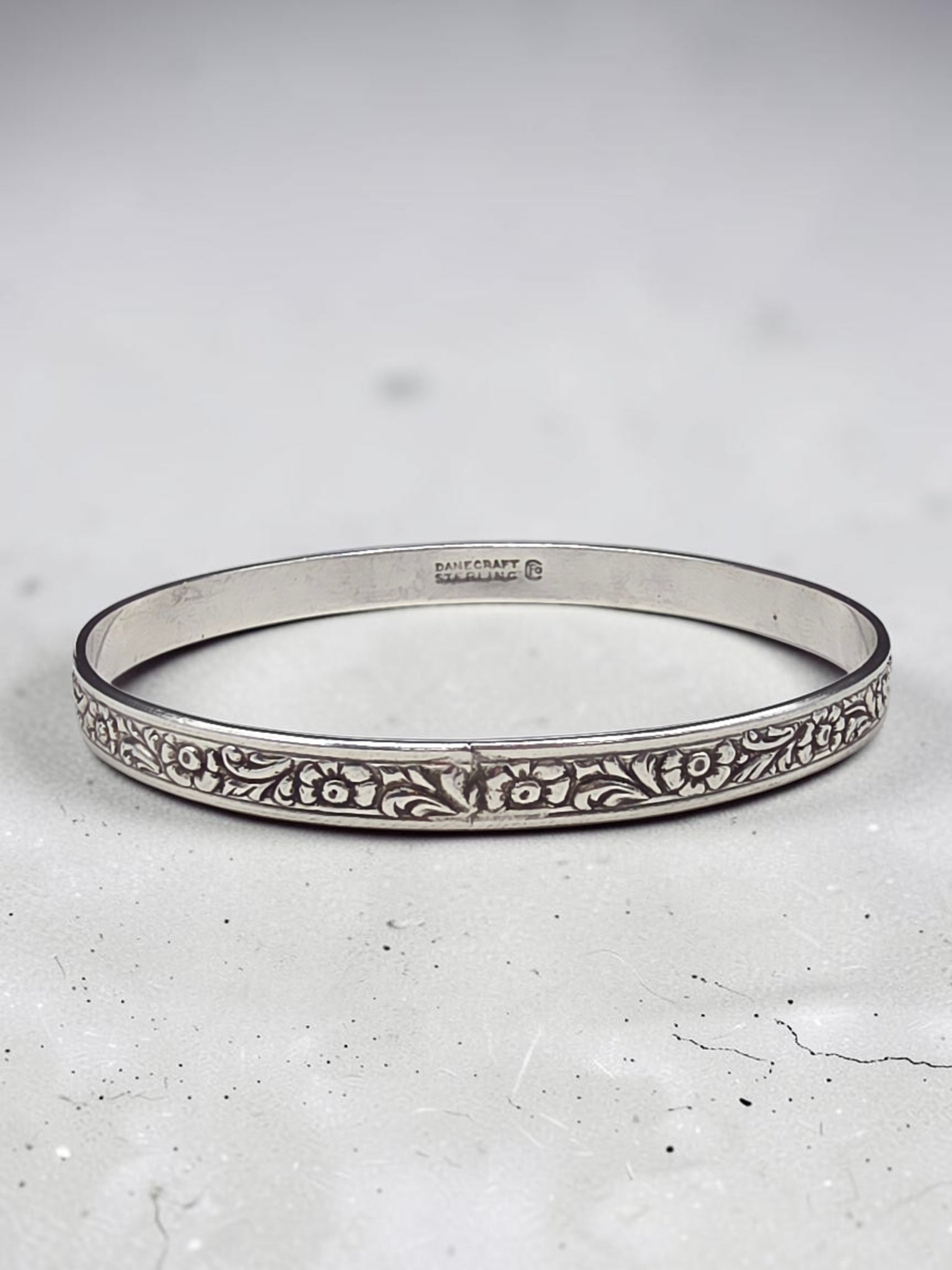 Sterling Silver Embossed Floral Repousse Bangle Bracelet 8.25 Inch