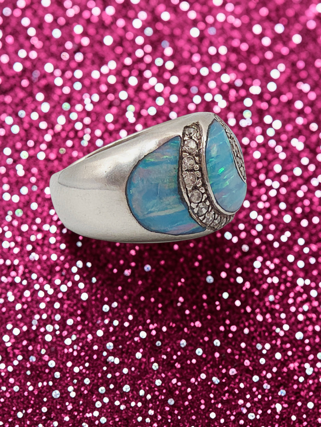 Unique 925 Sterling Silver Ring with Blue Opal and CZ accents - Size 8