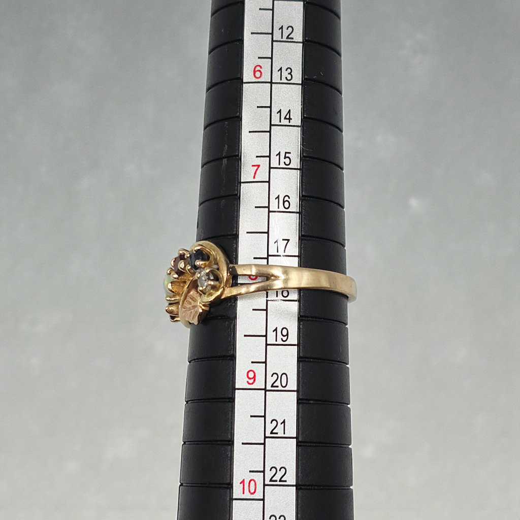 Solid 14K Yellow Gold Ring with Round Cut Opal, Garnet, Blue Topaz, Amethyst, and Diamond Size 8
