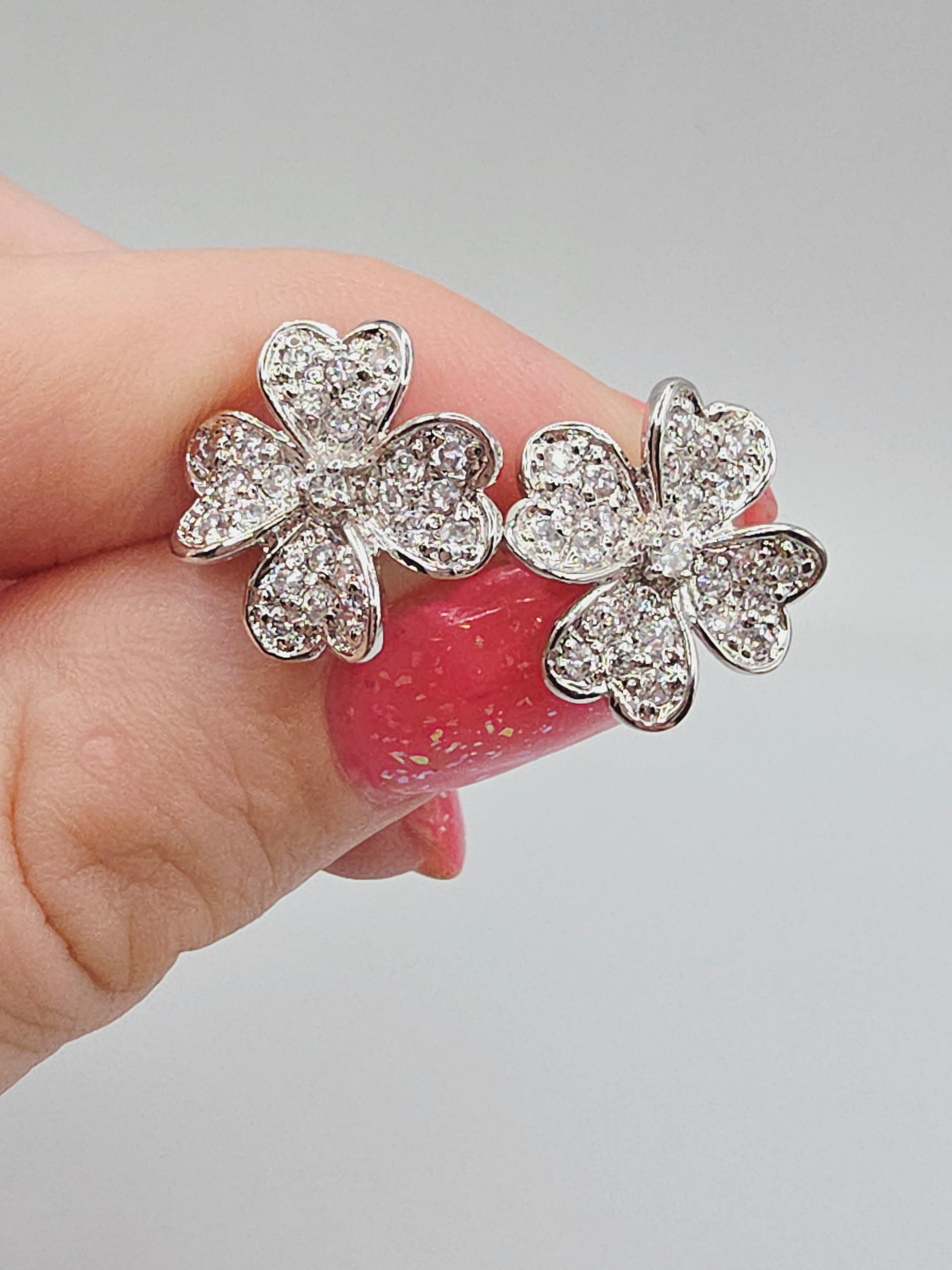 925 Sterling Silver Heart Leaf Clover Stud Earrings with CZ Accents