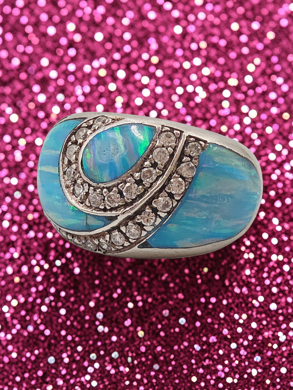Unique 925 Sterling Silver Ring with Blue Opal and CZ accents - Size 8