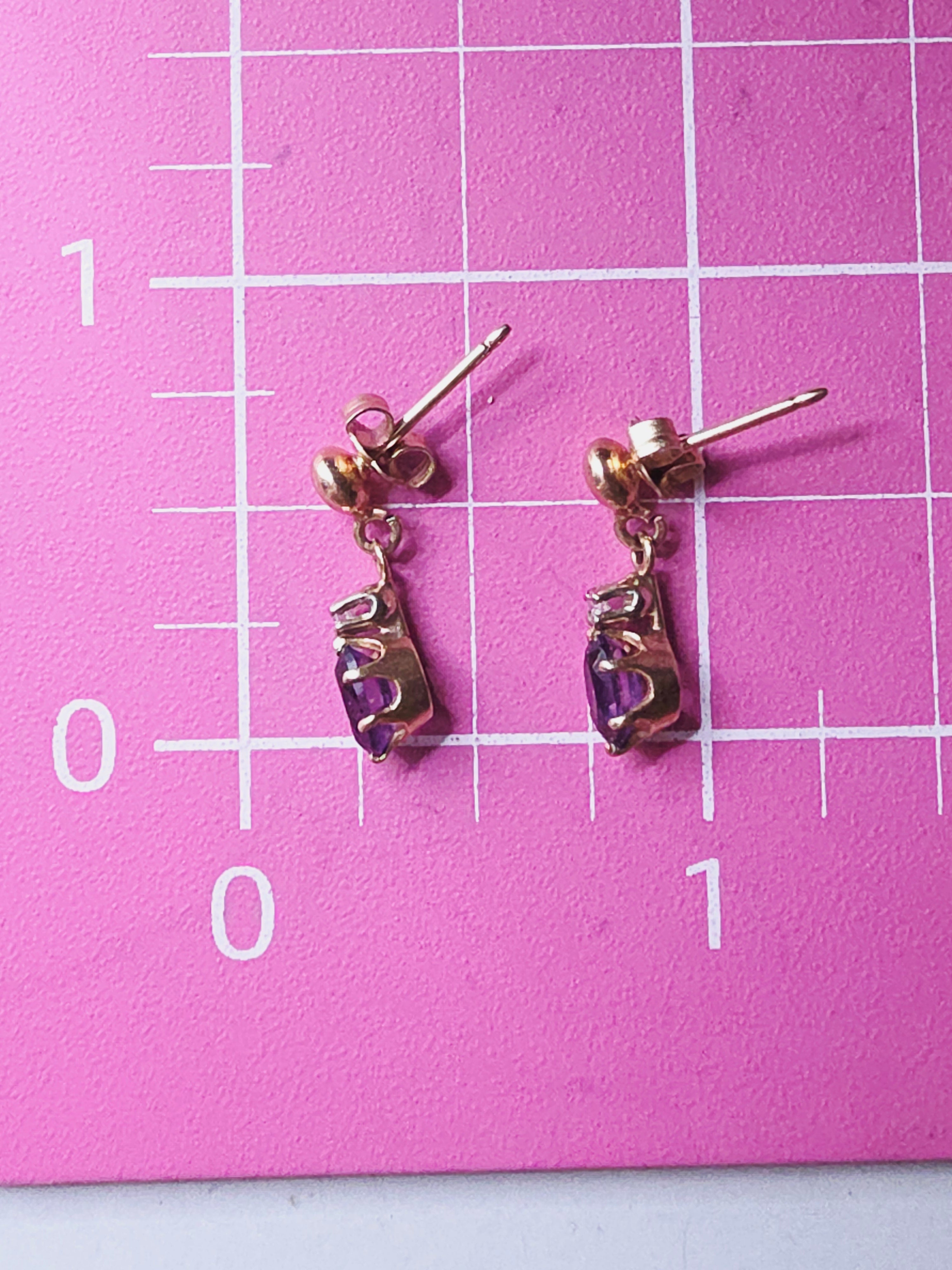 Solid 14K Yellow Gold Amethyst Dangle Drop Earrings with Diamond Accents