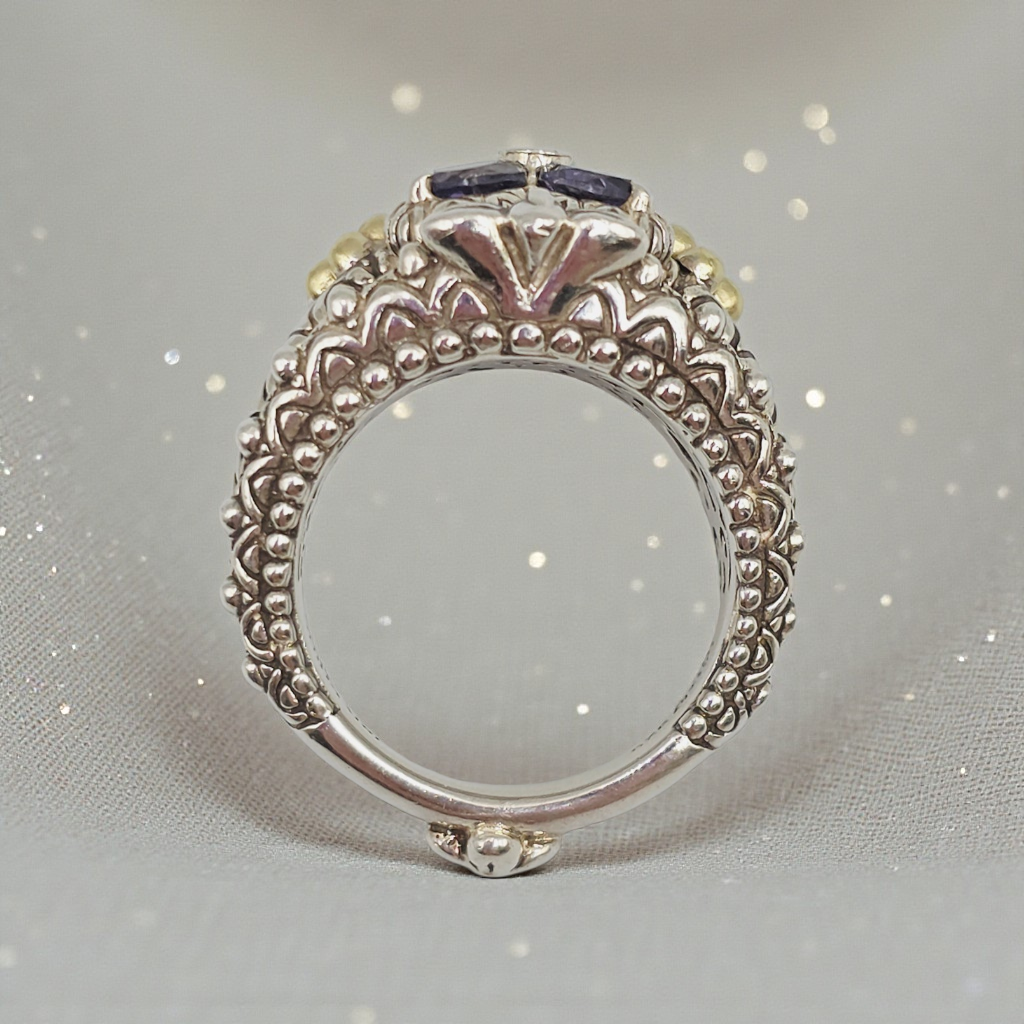 Bixby Jezebel Sterling Silver and 18K Gold Flower Ring with Iolite & Topaz Sz 7