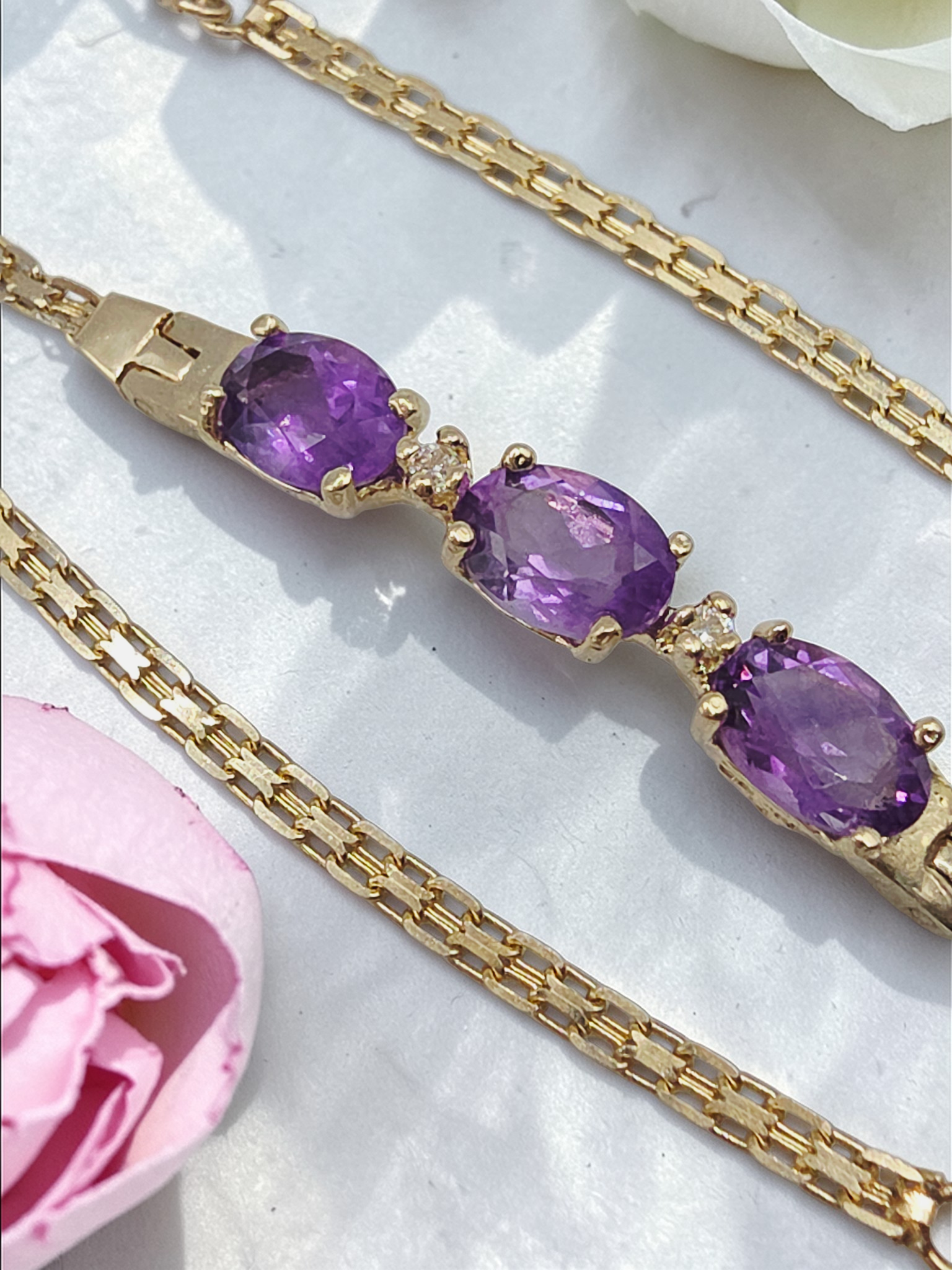 Vintage ATL Solid 14K Yellow Gold Bracelet with Amethyst & White Topaz 7.5 Inch
