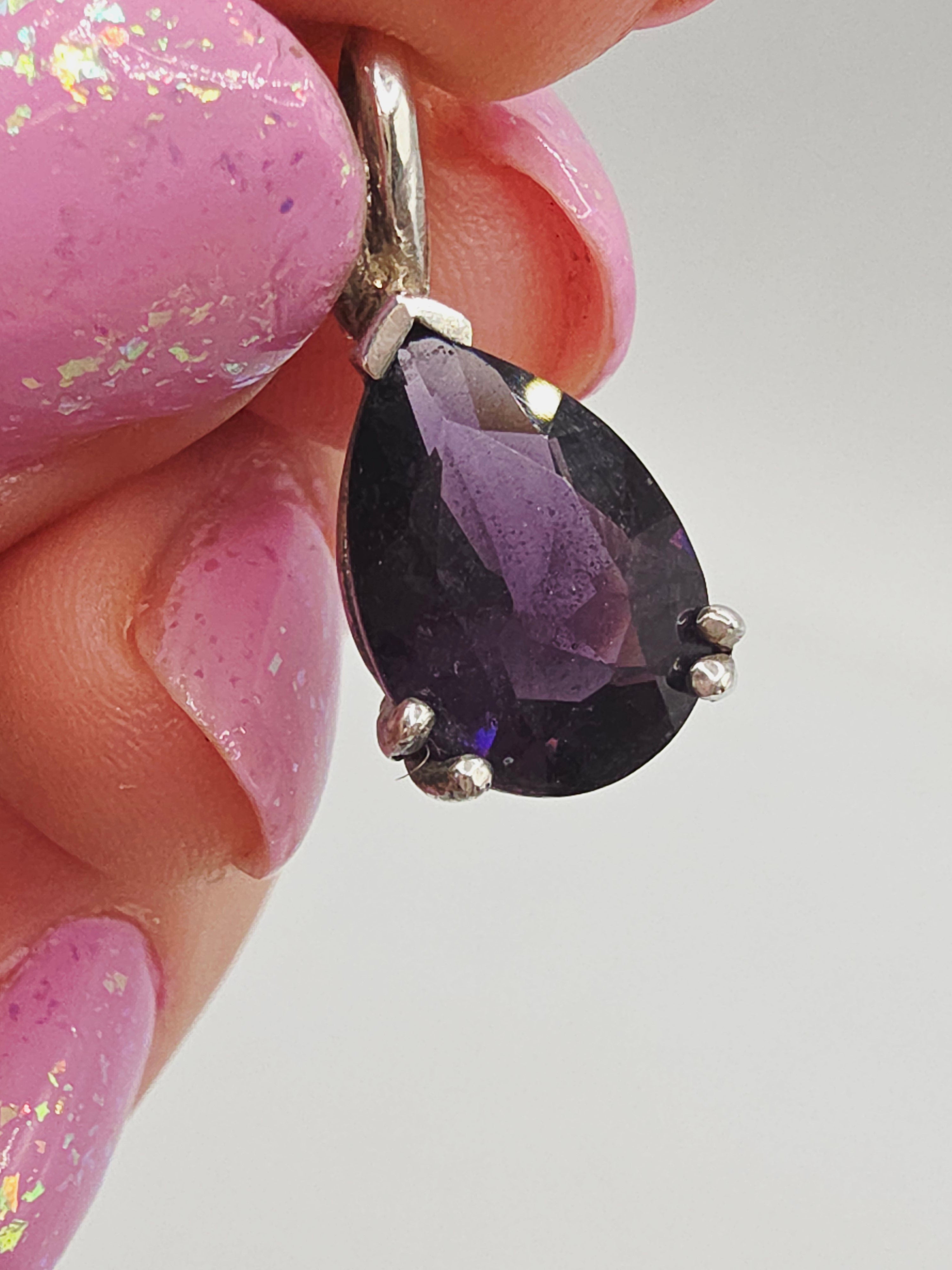 925 Sterling Silver Dark Purple CZ Pear Cut Pendant