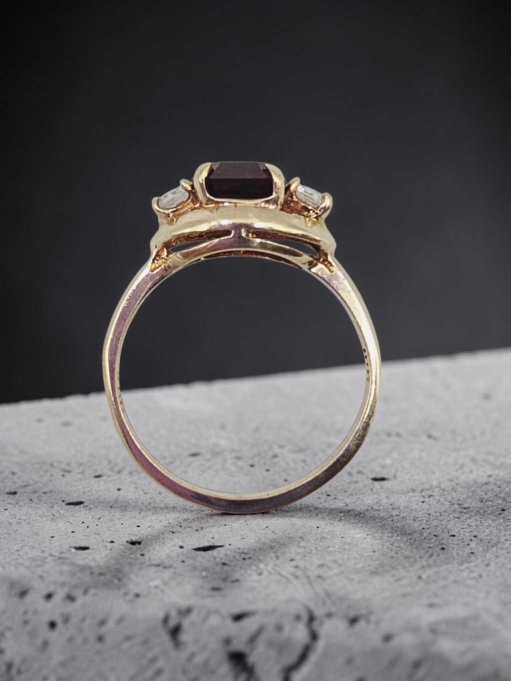 Solid 10K Yellow Gold Ring with Emerald-Cut Ruby & White Topaz Accents – Size 7