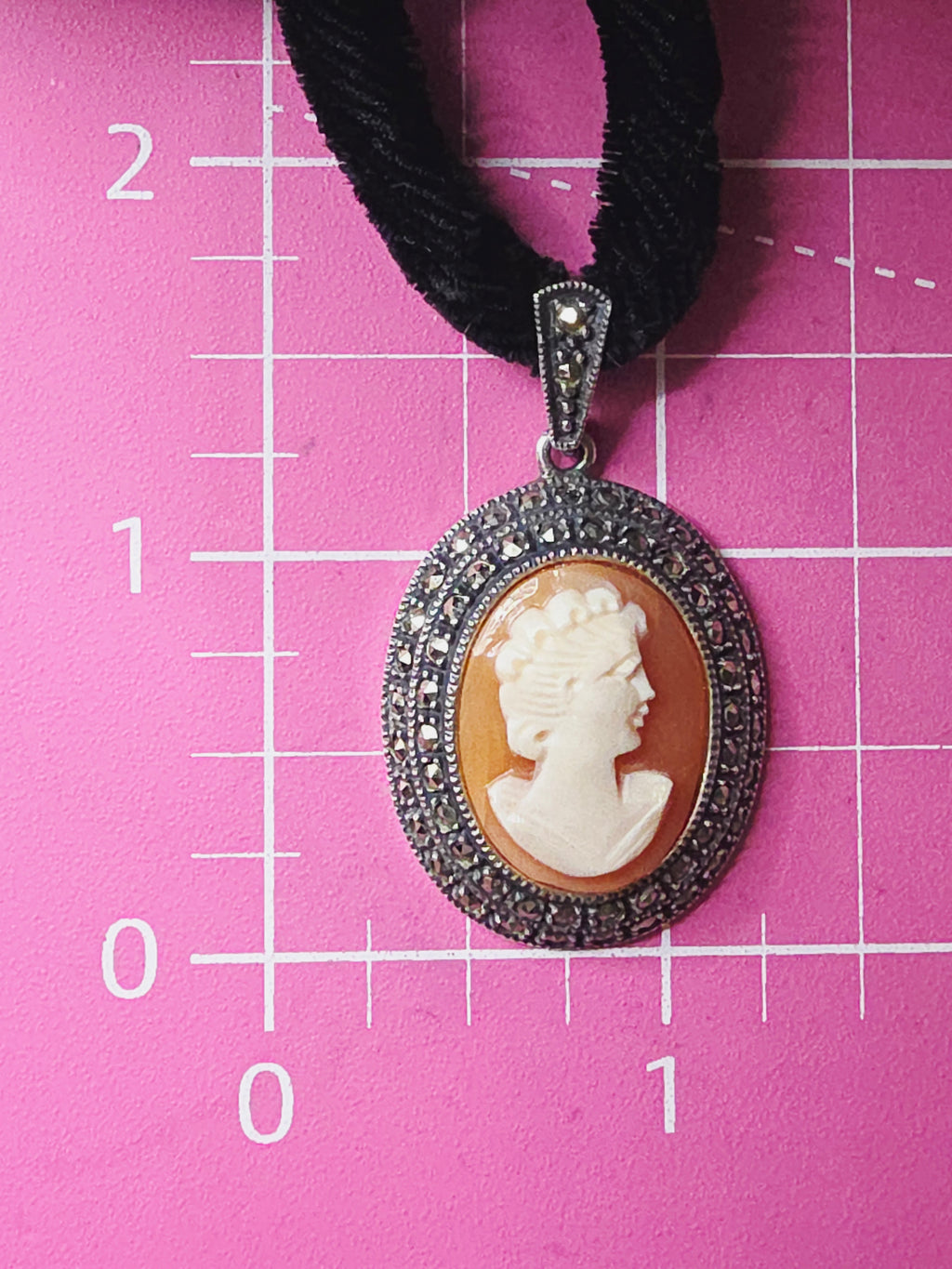Judith Jack Sterling Silver Marcasite Cameo Pendant Velvet Necklace - Adjustable