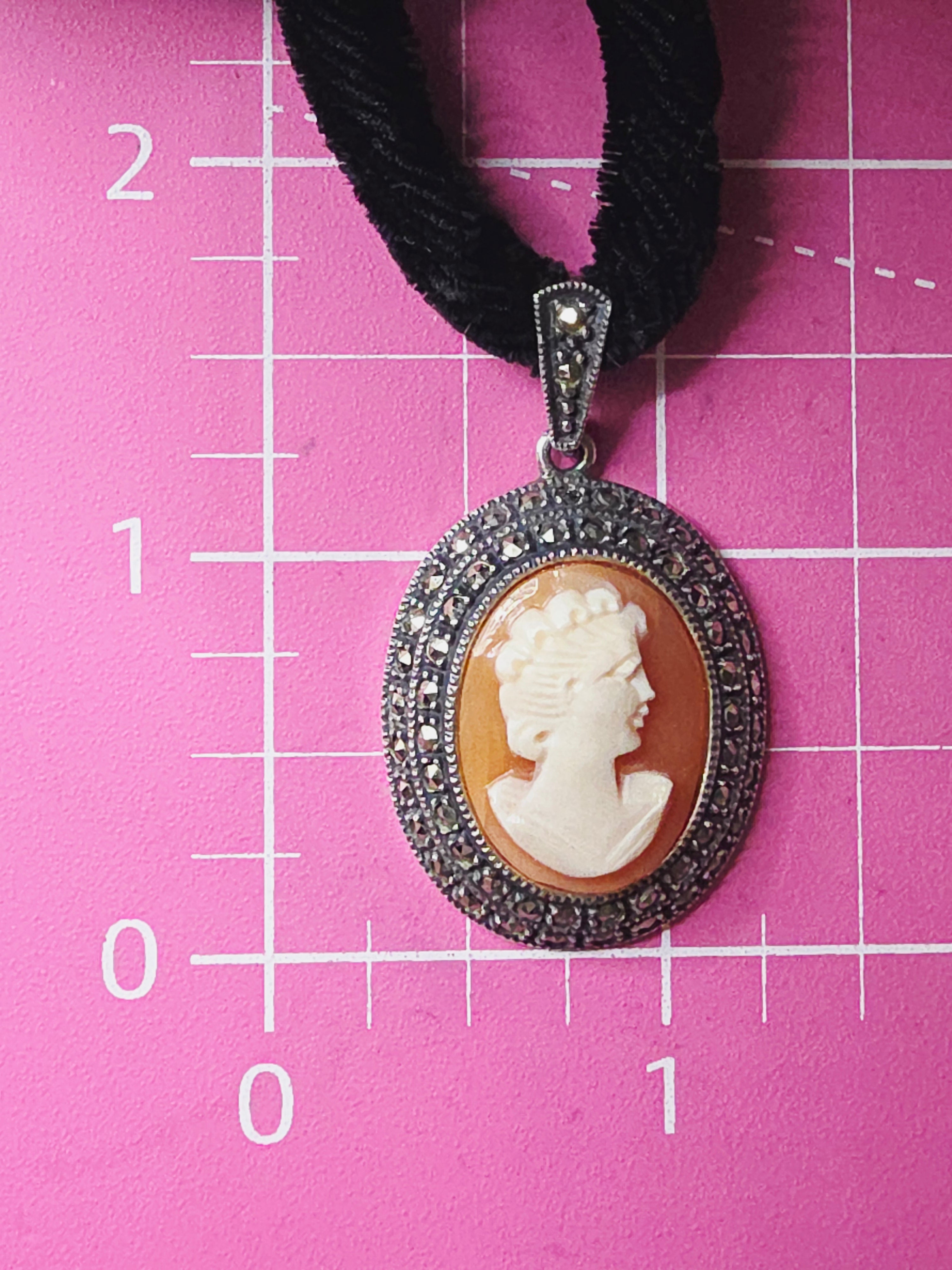 Judith Jack Sterling Silver Marcasite Cameo Pendant Velvet Necklace - Adjustable