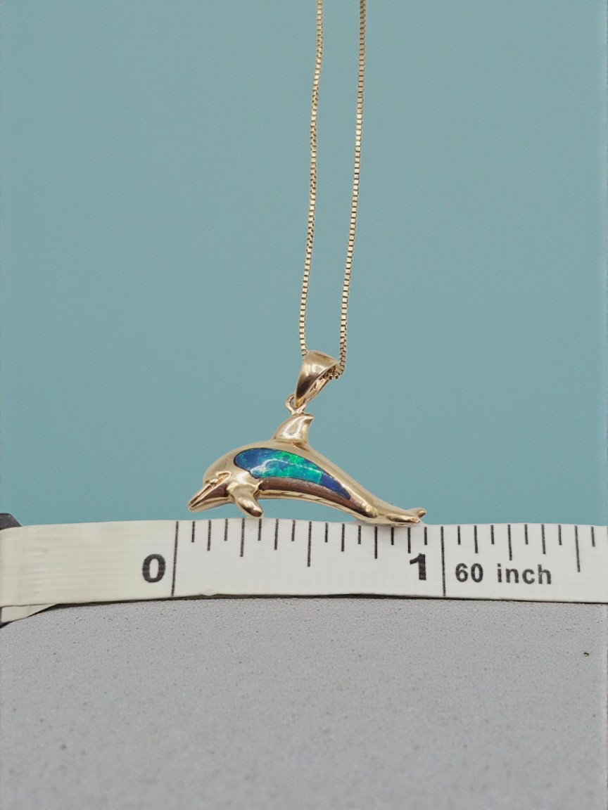 Solid 14K Yellow Gold Necklace with Opal Dolphin Pendant 17 Inches