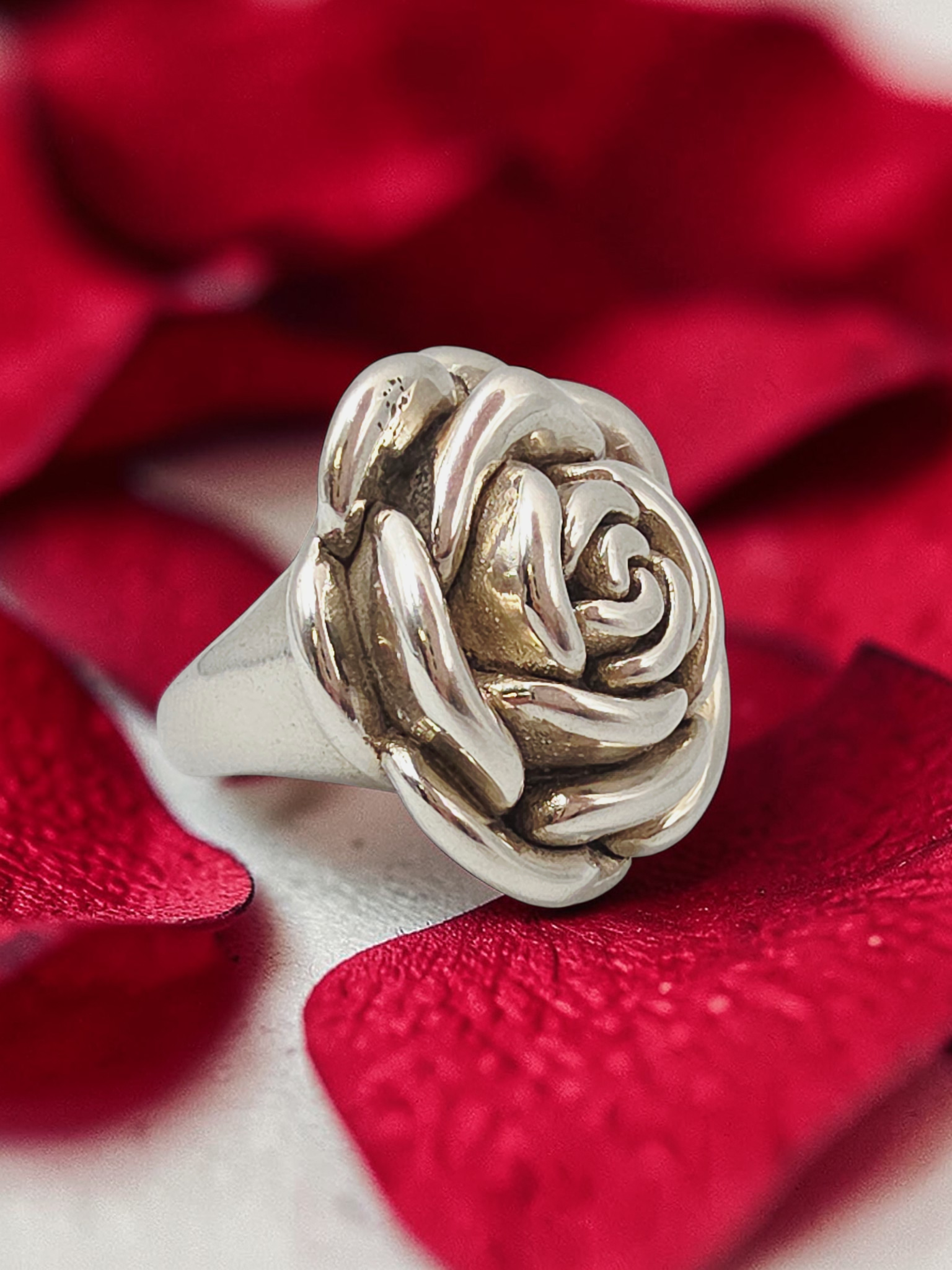Sterling Silver Rose Flower Statement Ring Botanical Floral – Size 6