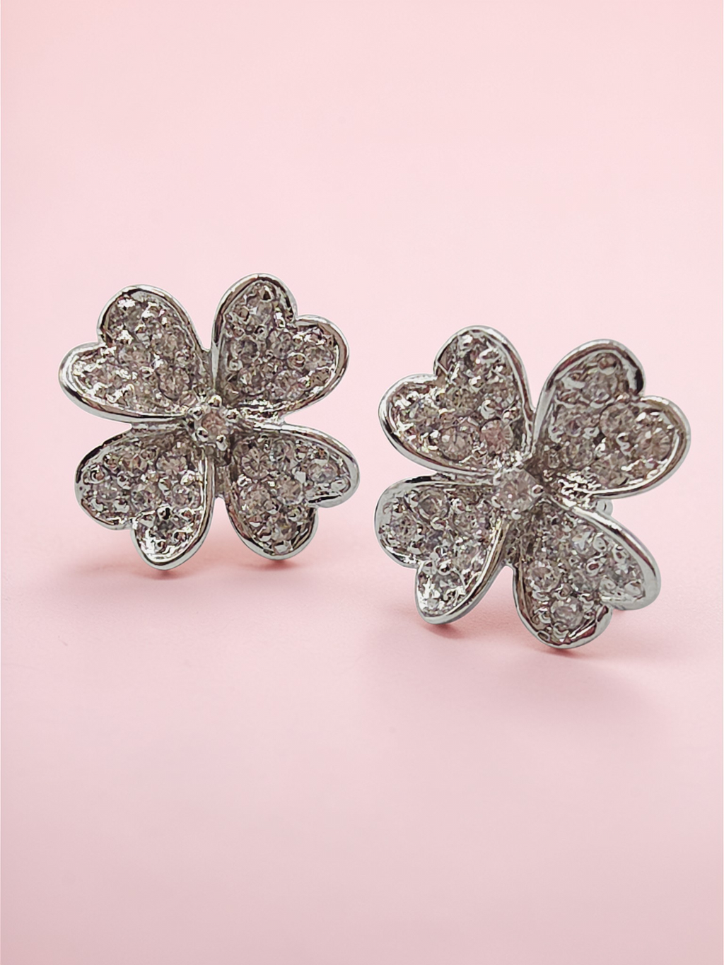 925 Sterling Silver Heart Leaf Clover Stud Earrings with CZ Accents