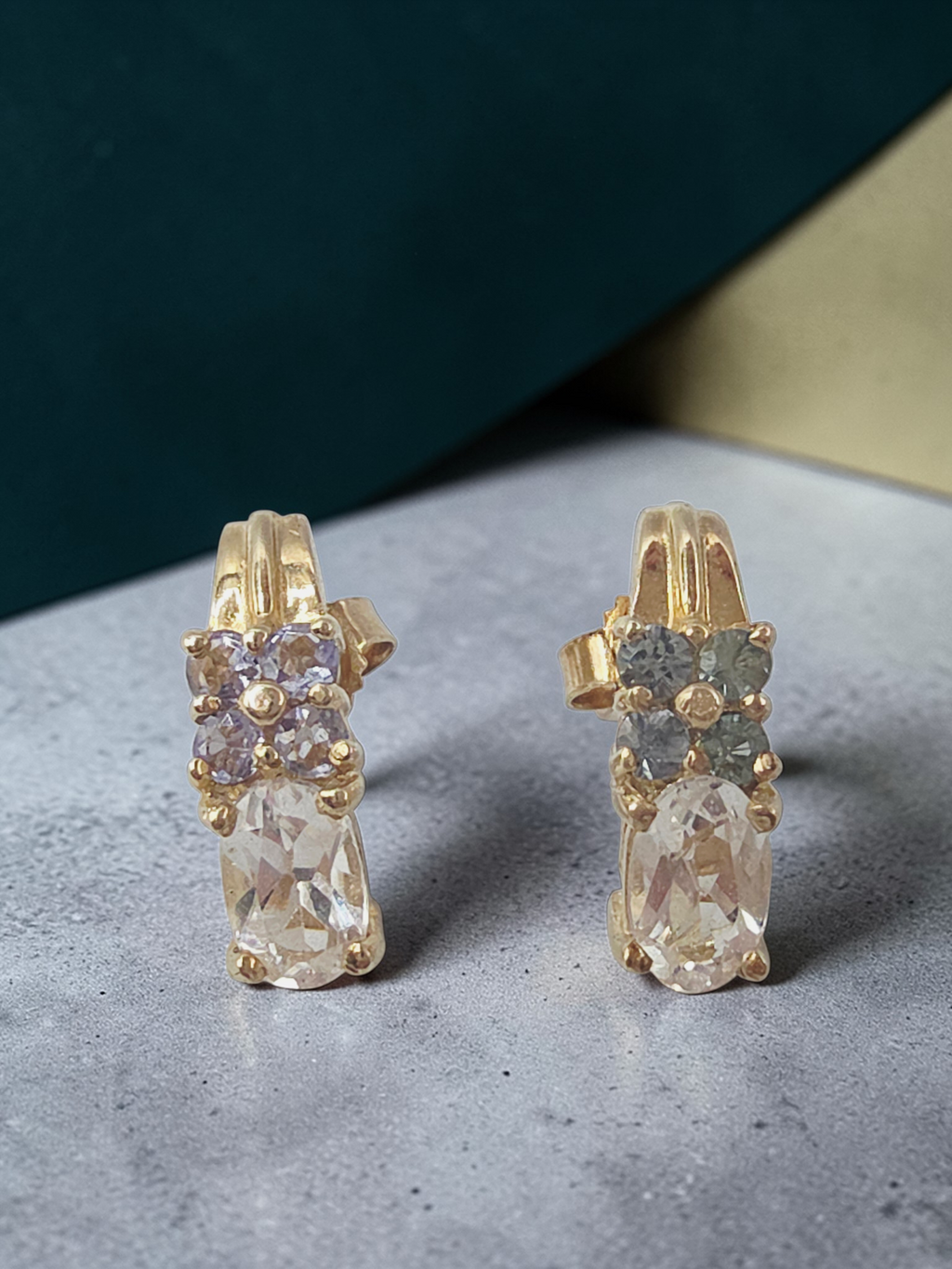 Solid 10K Yellow Gold White Topaz Stud Earrings with Blue & Purple Gemstones