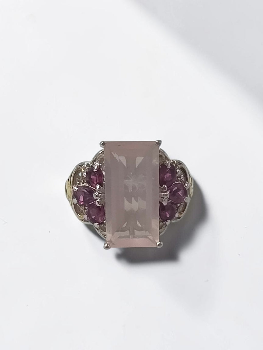 STS Jewels Sterling Silver Pink Quarts & Rhodolite Ring 18K Gold Accents Size 7