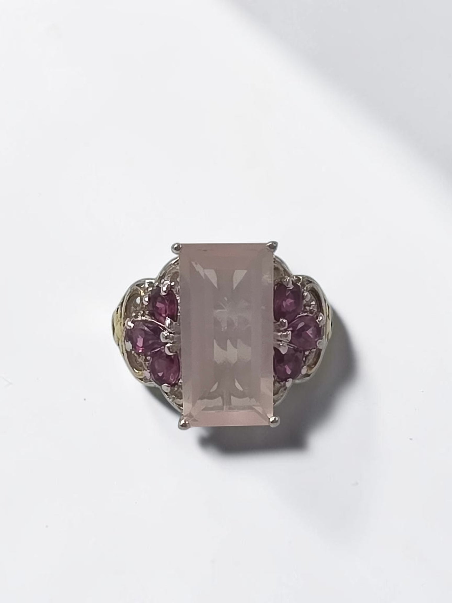 STS Jewels Sterling Silver Pink Quarts & Rhodolite Ring 18K Gold Accents Size 7