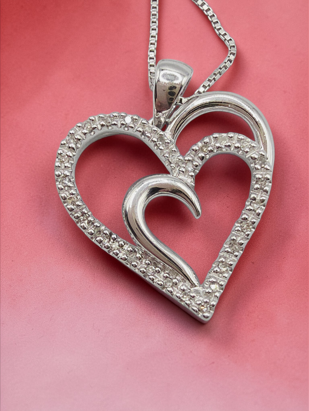 Sun Jewelry 925 Sterling Silver Double Heart Diamond Pendant Necklace - 18 Inch