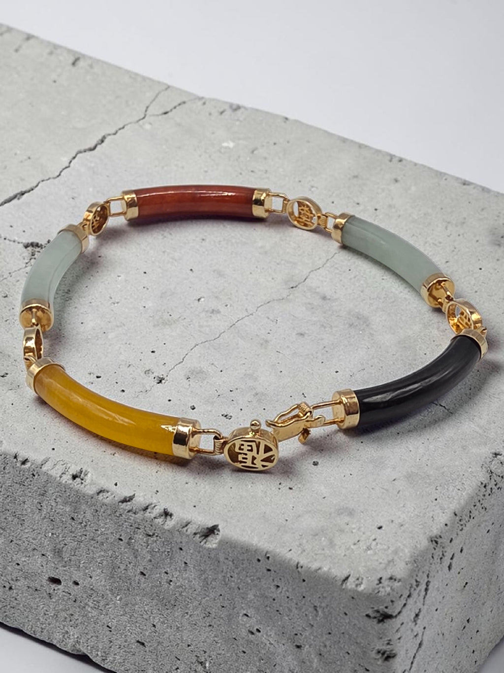 Rainbow Multi Color Jade Sterling Silver 18K Gold Vermeil Bracelet 8 Inch