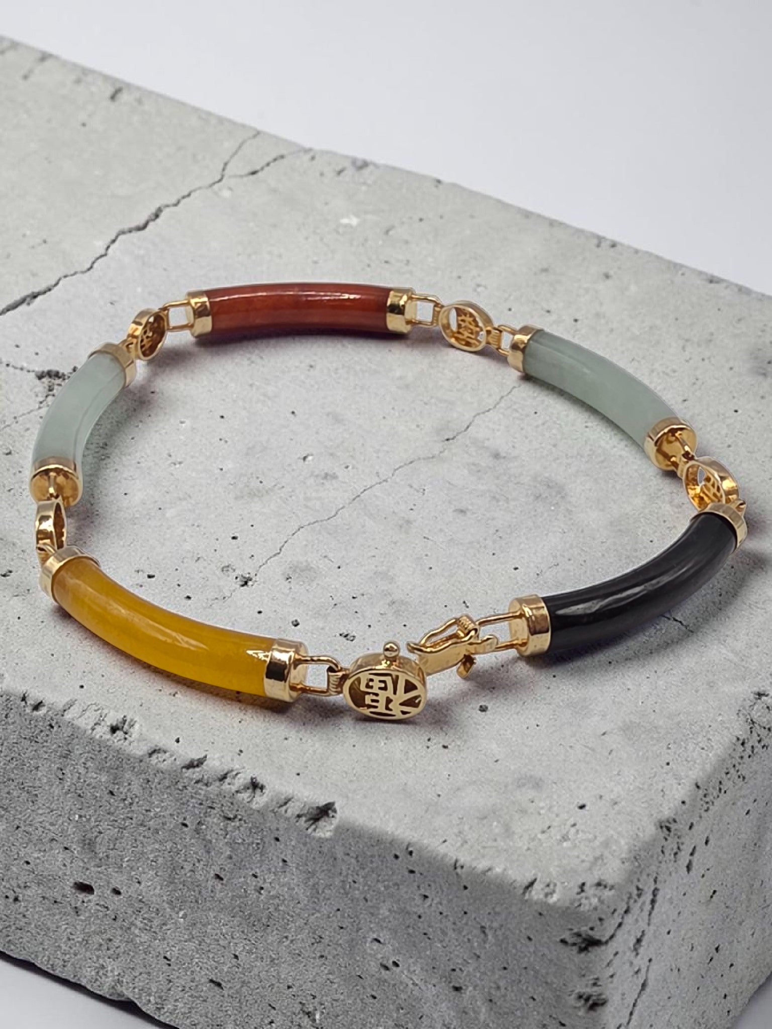 Rainbow Multi Color Jade Sterling Silver 18K Gold Vermeil Bracelet 8 Inch