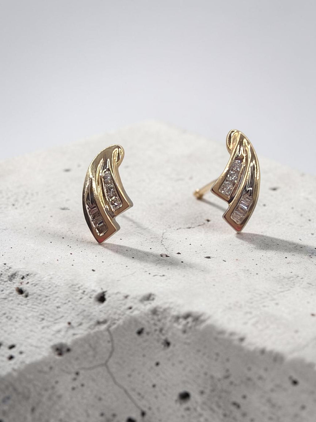Solid 10K Yellow Gold Round & Baguette Diamond Swirl Stud Earrings