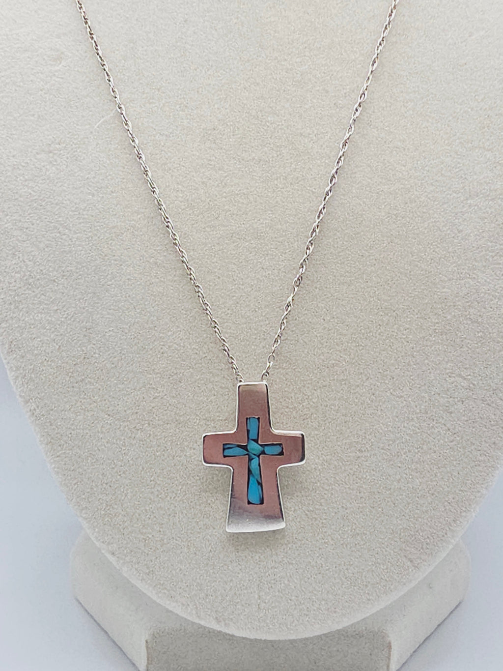 925 Sterling Silver Cross with Blue Inlay Pendant Necklace – 19 Inch