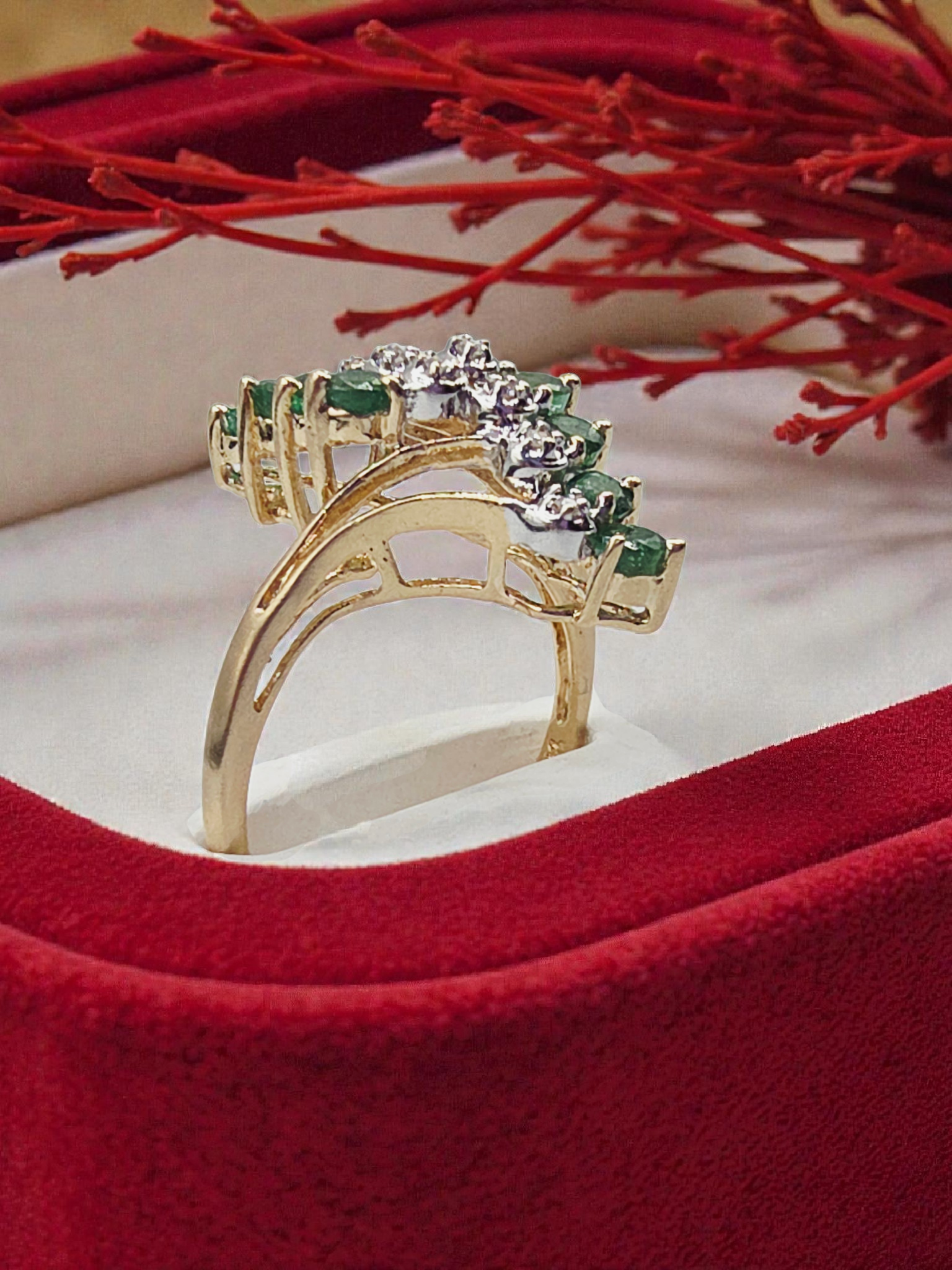 Solid 14K Yellow Gold Ring with Round Cut Emeralds & Diamonds - Size 8