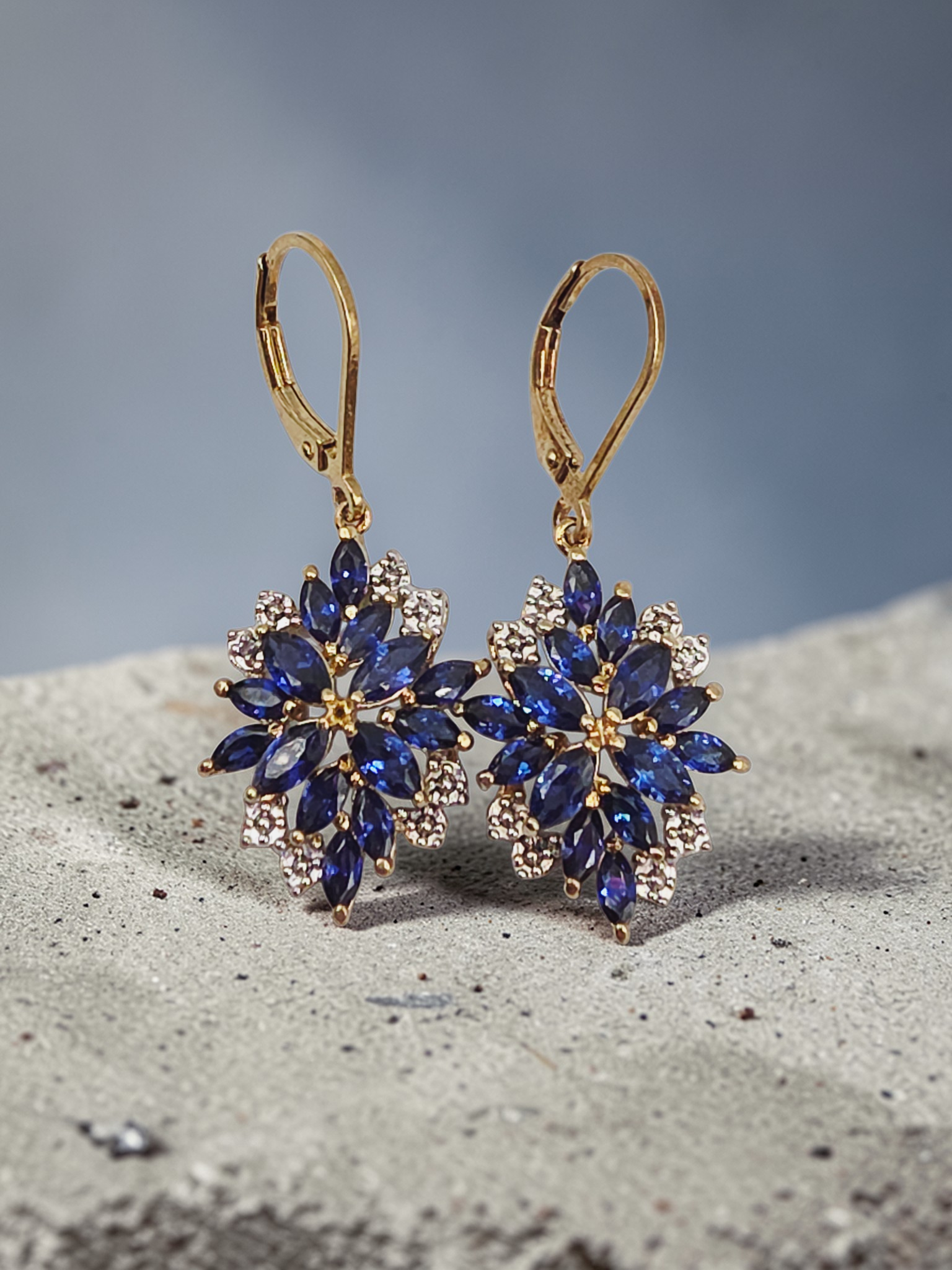 925 Sterling Silver Gold Vermeil Earrings with Blue Sapphire & Diamond Cluster