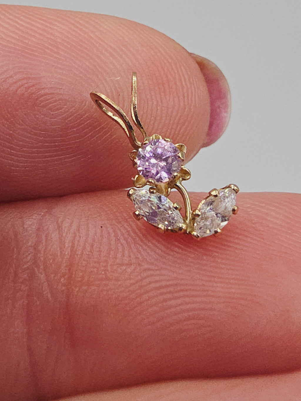 Solid 10K Yellow Gold Flower Necklace Pendant with Pink & White CZs