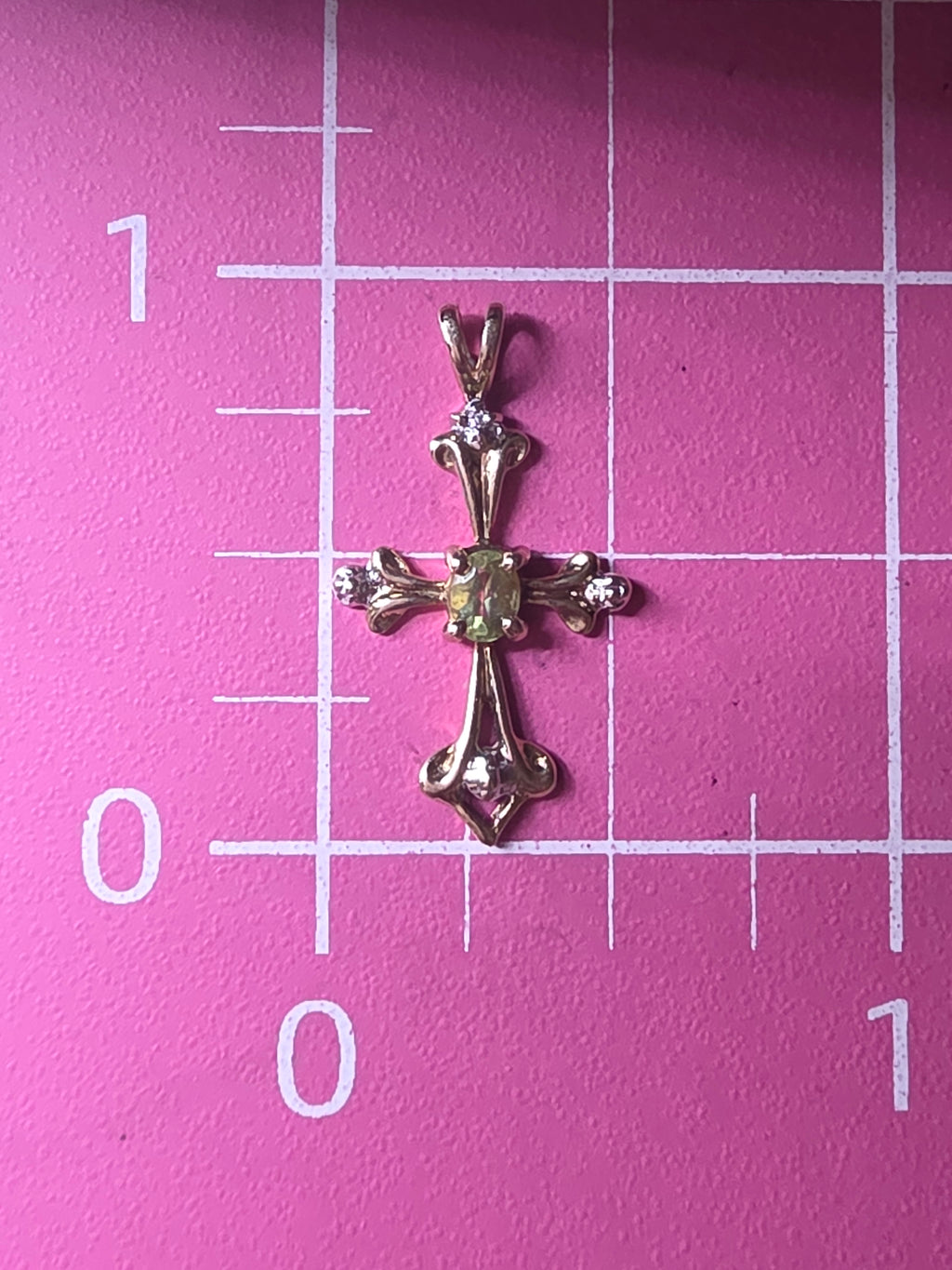 Solid 10K Yellow Gold Oval Peridot Cross Pendant with Diamond Accent
