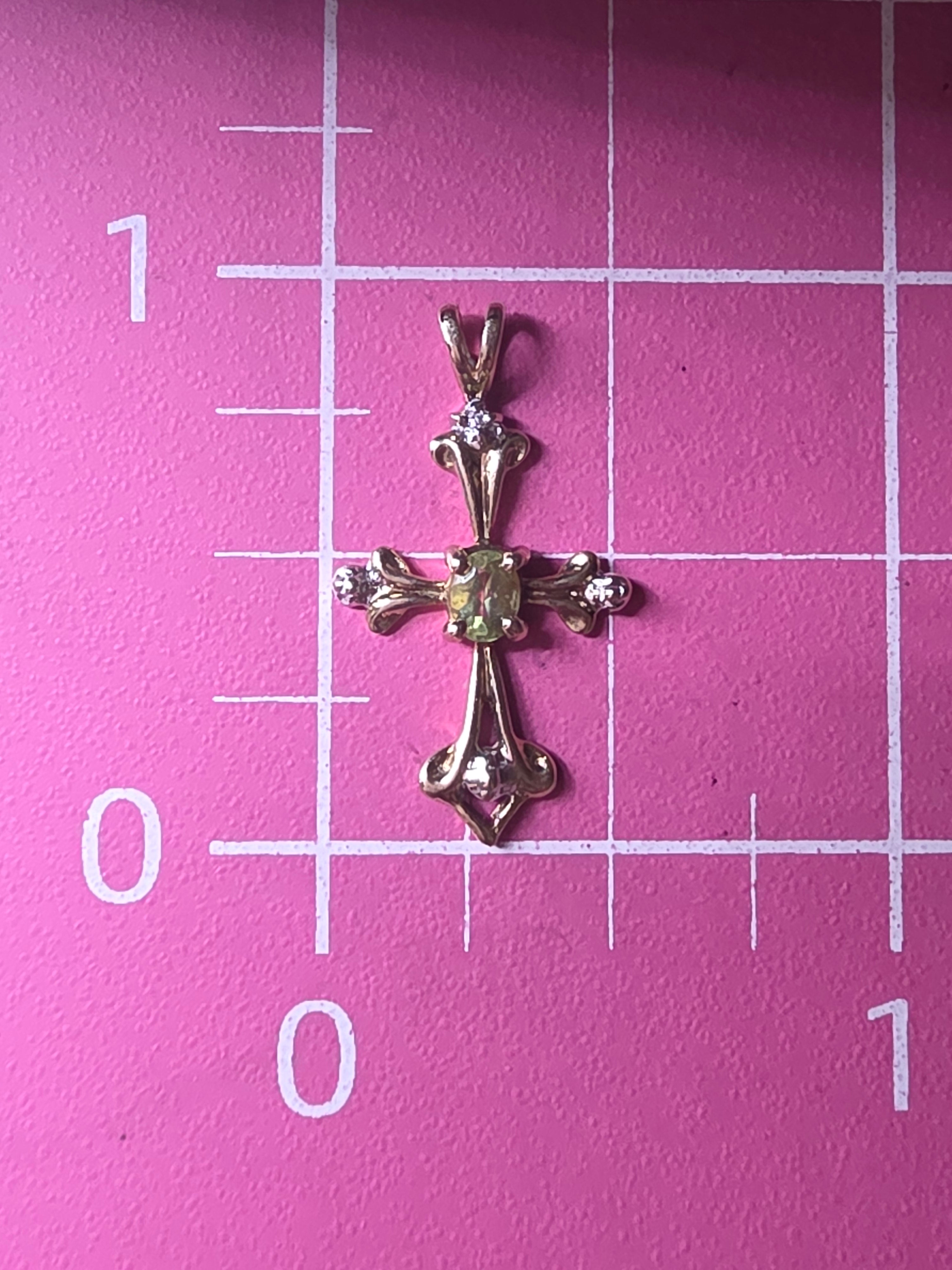Solid 10K Yellow Gold Oval Peridot Cross Pendant with Diamond Accent