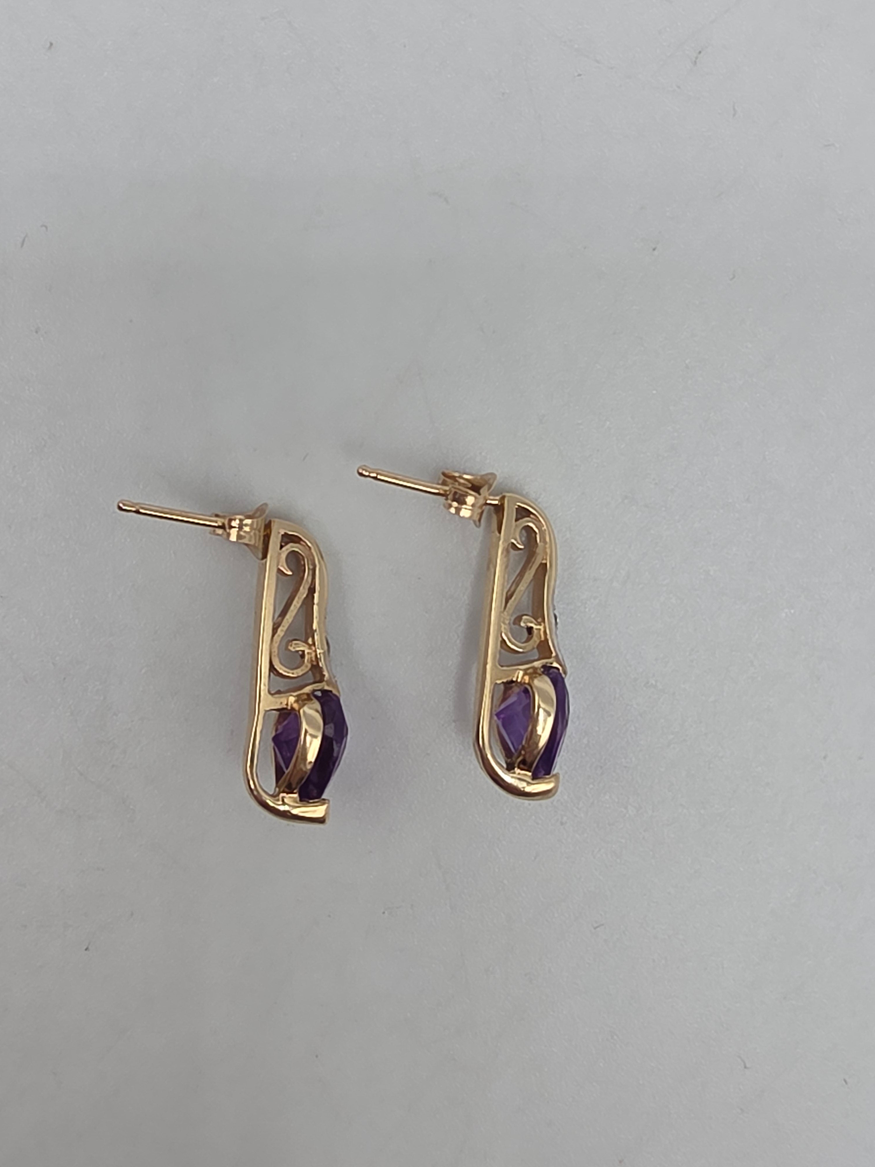 SDC Creations Solid 10K Yellow Gold Heart Cut Amethyst Diamond Drop Earrings
