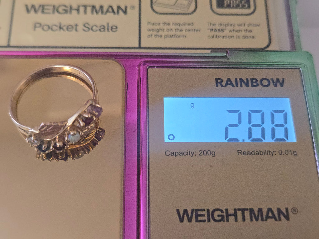 Solid 14K Gold Ring with Opal, Garnet, Blue Topaz, Amethyst & Diamond Size 8