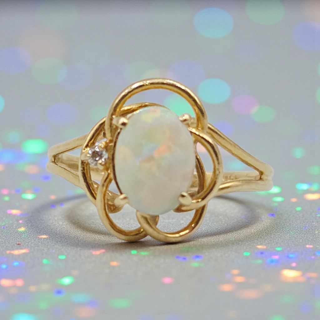Solid 14KP Yellow Gold Ring with Opal and Diamond Accent – Size 8.25