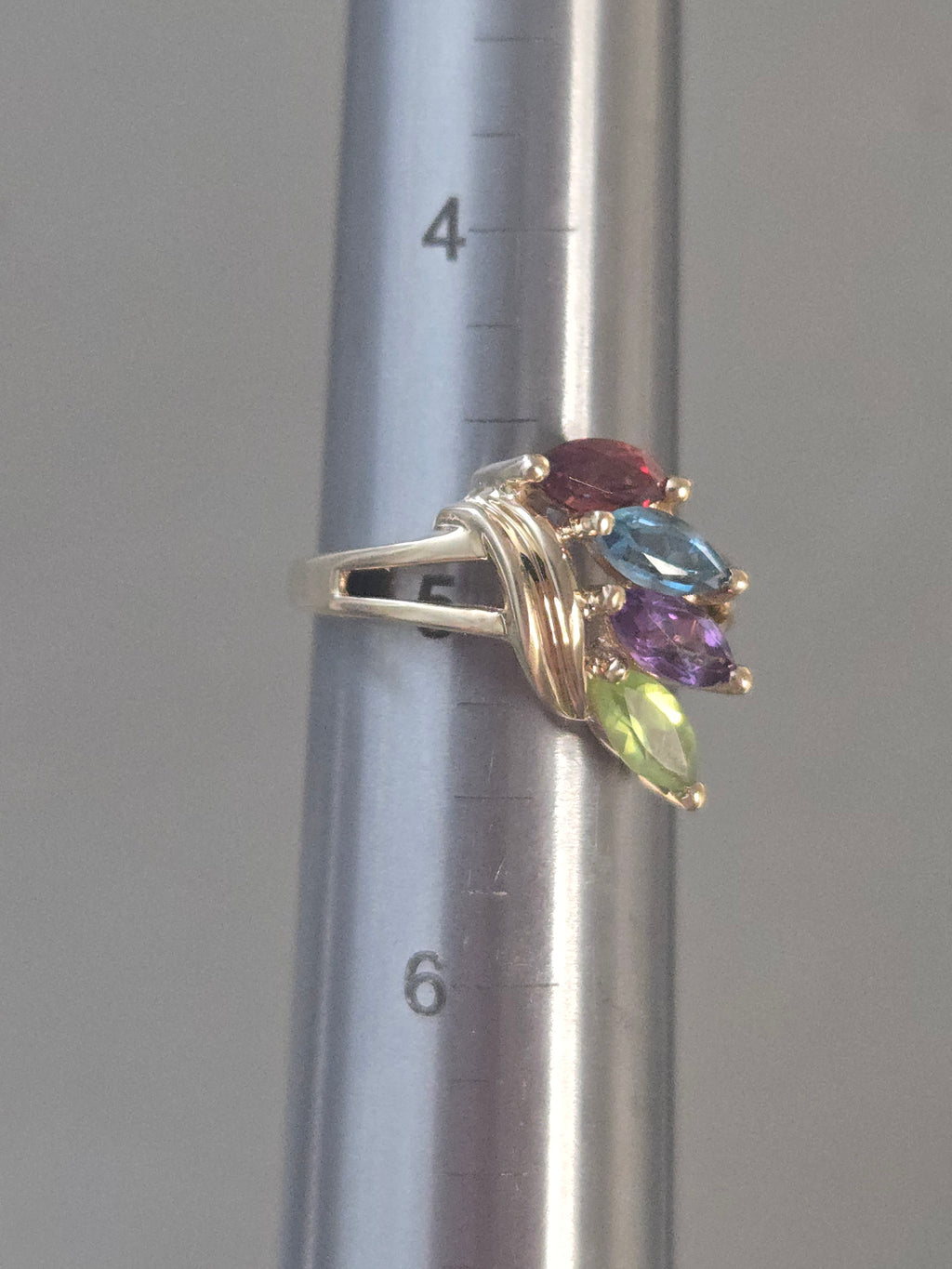 Solid 10K Yellow Gold Ring with Topaz Amethyst Peridot Garnet - Size 5
