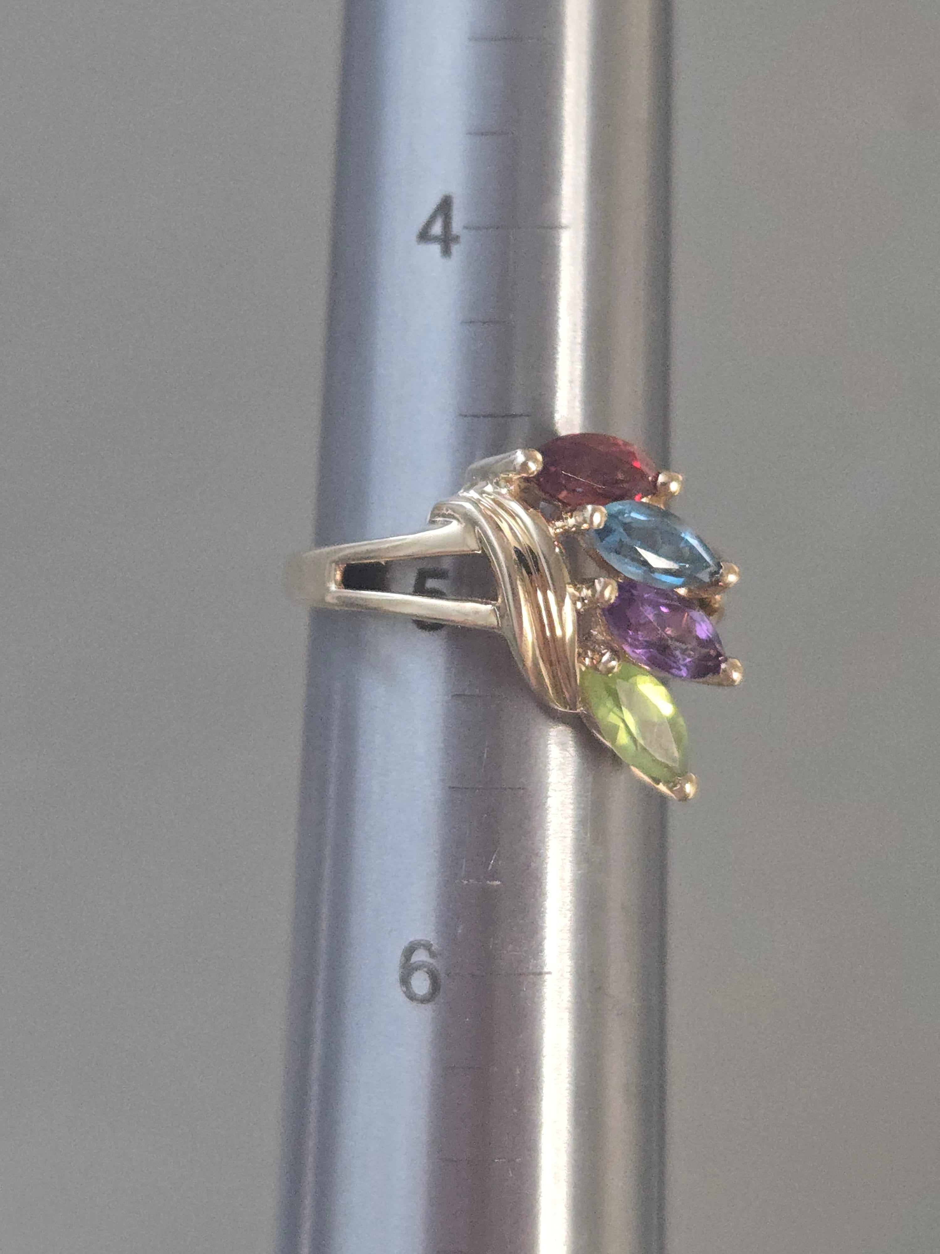 Solid 10K Yellow Gold Ring with Topaz Amethyst Peridot Garnet - Size 5