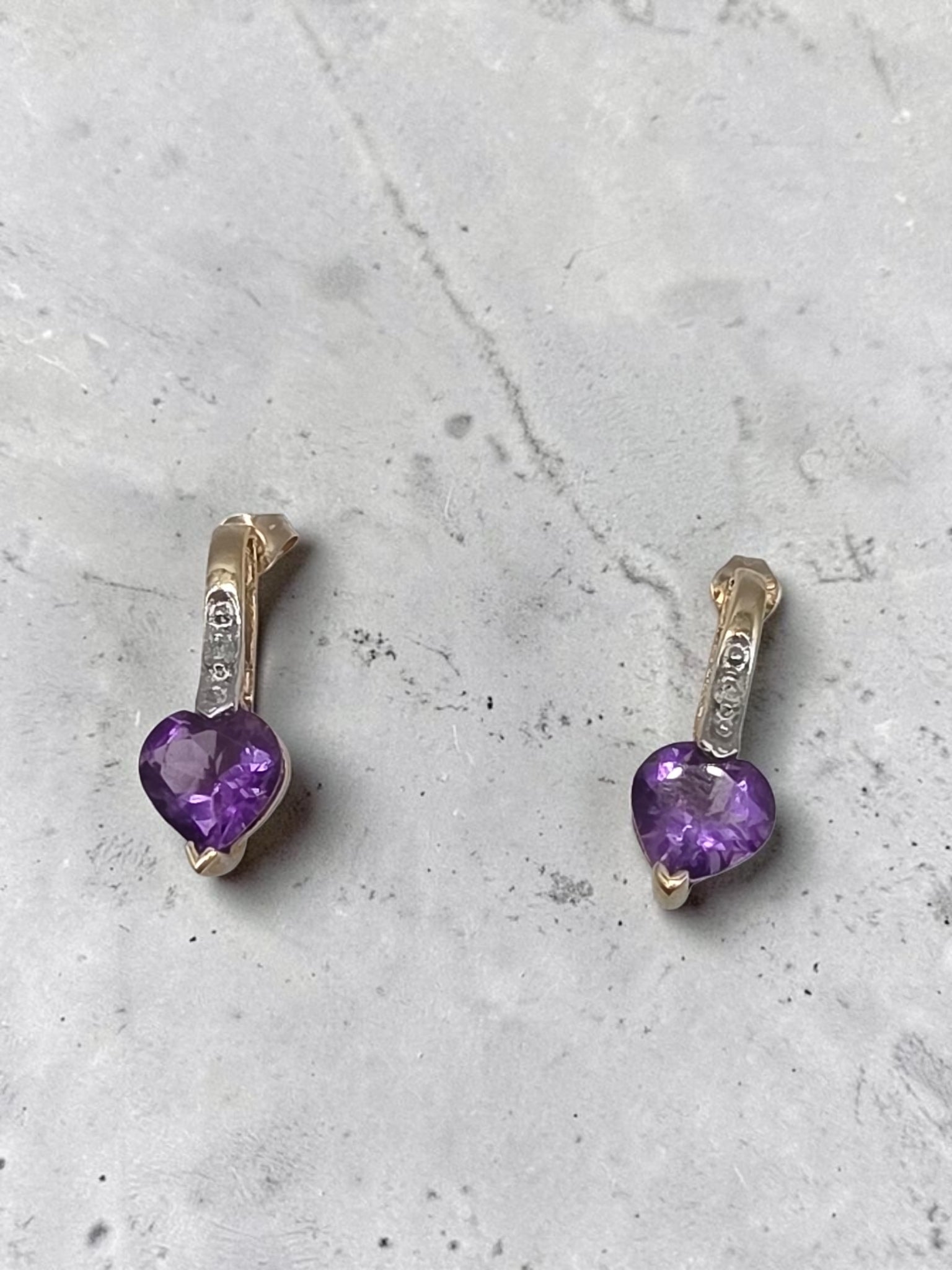 SDC Creations Solid 10K Yellow Gold Heart Cut Amethyst Diamond Drop Earrings