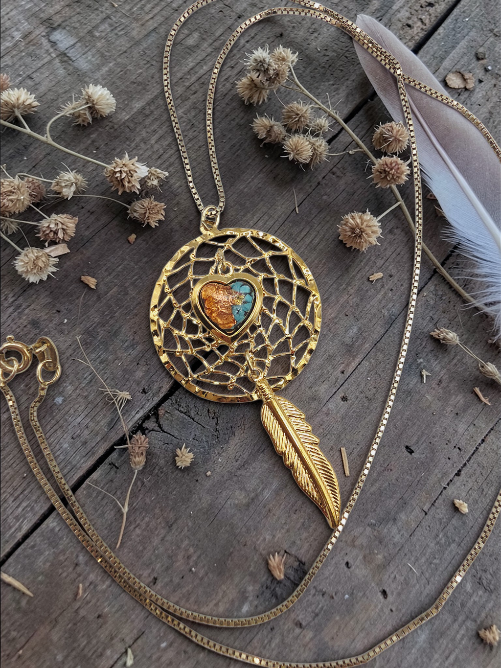 Turquoise Heart Feather Dreamcatcher Pendant with Sterling Silver Italy Necklace