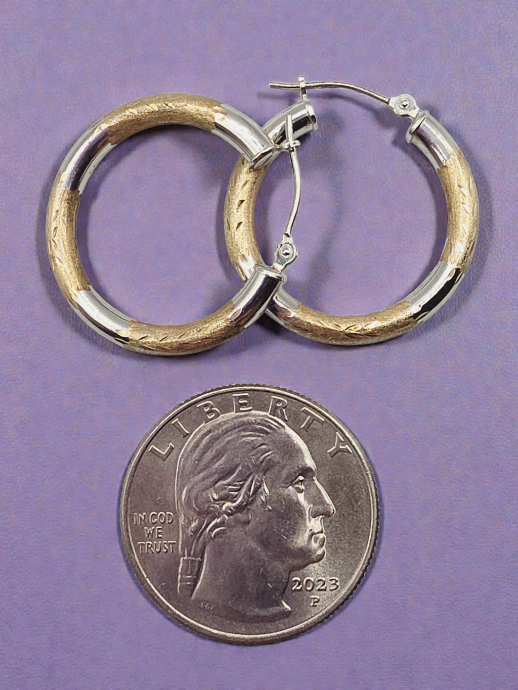 Solid 10K Two-Tone Yellow & White Gold Textured Hoop Earrings