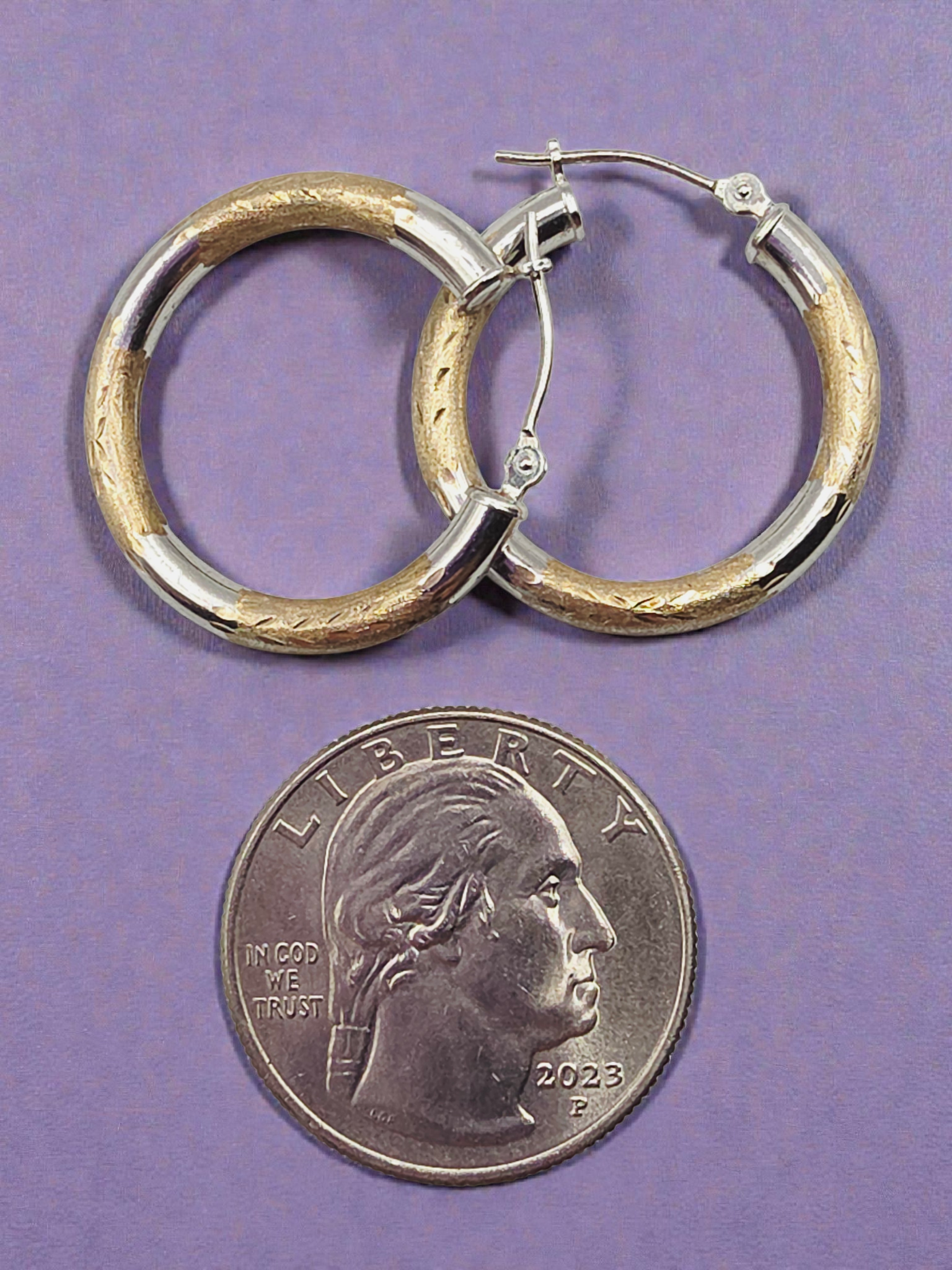 Solid 10K Two-Tone Yellow & White Gold Textured Hoop Earrings