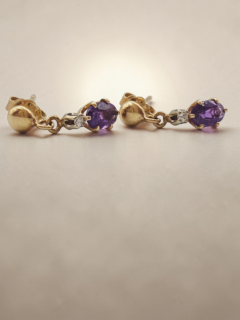 Solid 14K Yellow Gold Amethyst Dangle Drop Earrings with Diamond Accents