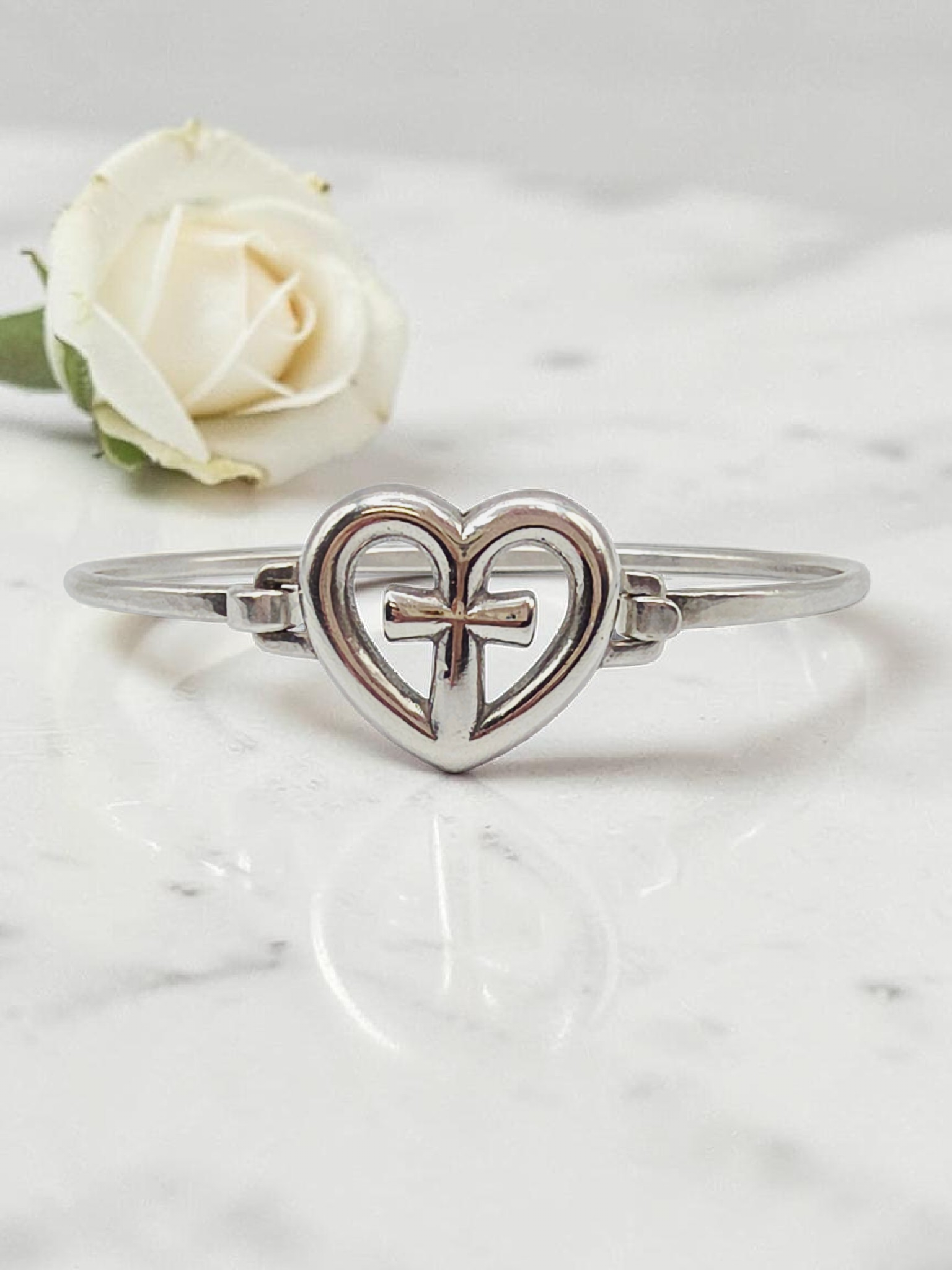 RETIRED James Avery Sterling Silver Heart Cross Hook Bracelet - 6.5 Inch