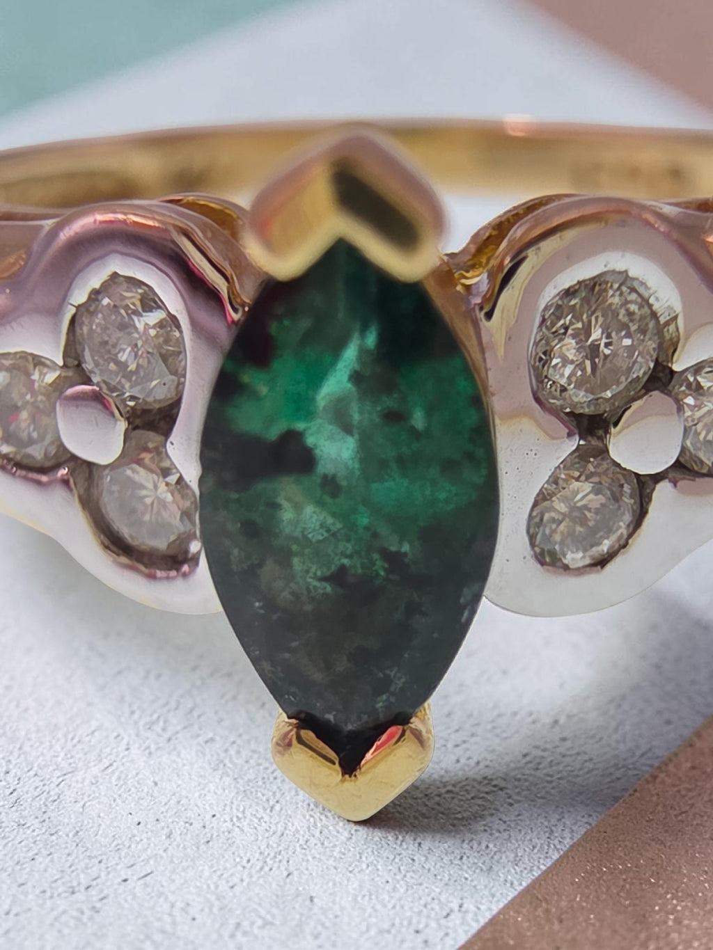 Vintage Black Hills Gold CCO Solid 14K Marquise Emerald Diamond Ring Size 6.75