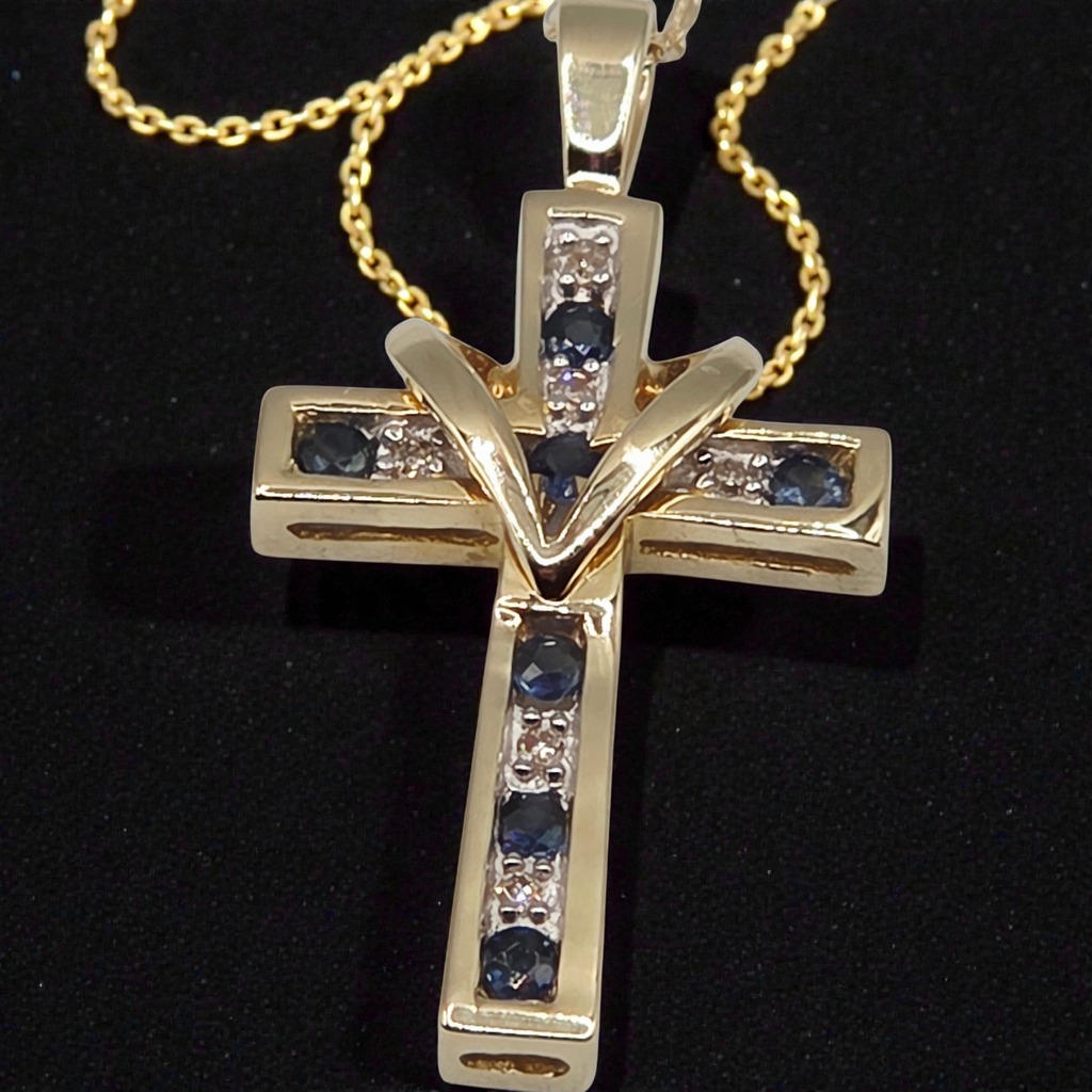Solid 10K Gold Cross Pendant Necklace - Blue Sapphires & Diamonds - 18 Inch