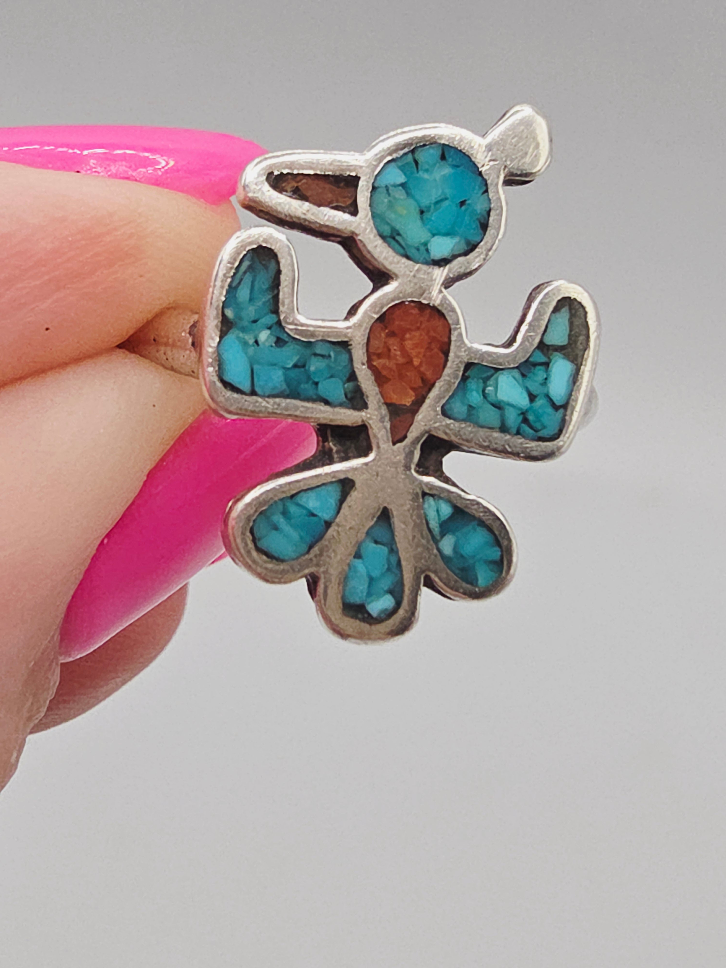 Southwestern Sterling Silver Turquoise & Coral Inlay Thunderbird Ring Size 7.75
