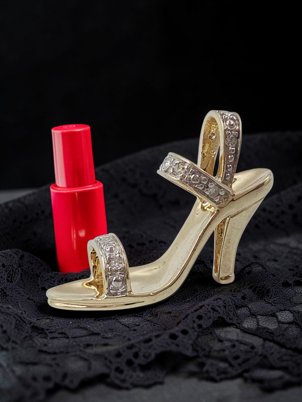 Solid 10K Gold High Heel Stiletto Necklace Pendant with Diamond Accents