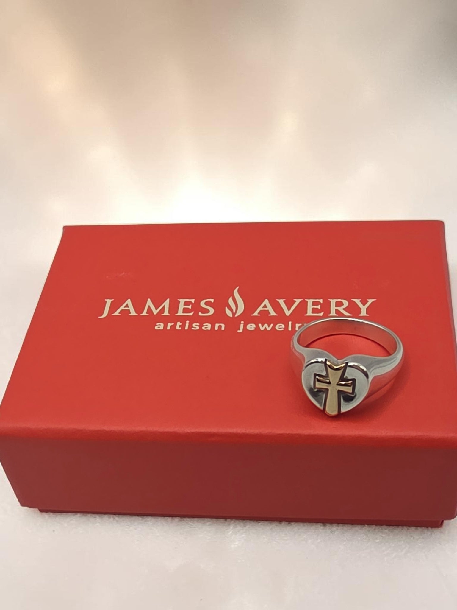 RETIRED James Avery Sterling Silver Heart Ring with 14K Gold Cross Size 6