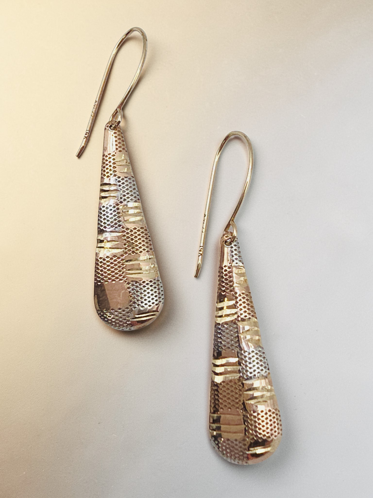 Solid 14K Two Tone Textured Gold Drop Dangle Earrings