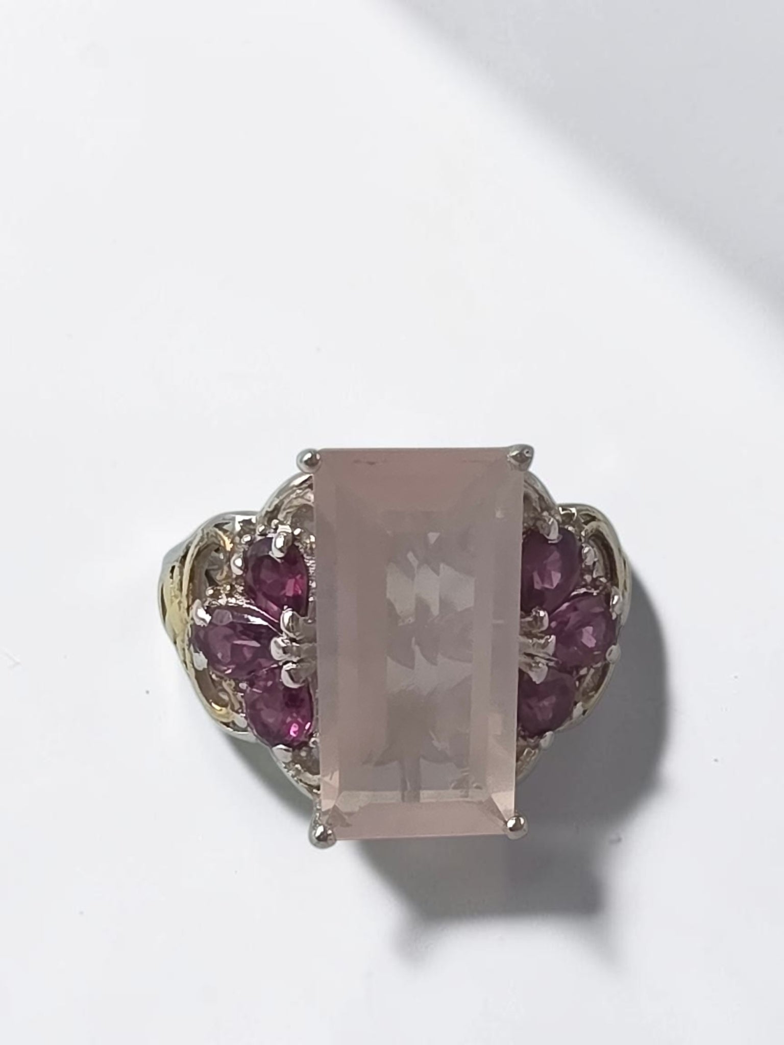 STS Jewels Sterling Silver Pink Quarts & Rhodolite Ring 18K Gold Accents Size 7