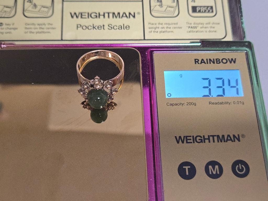 Solid 14K Yellow Gold Floral Cluster Ring with Green Jade Cabochon – Size 6