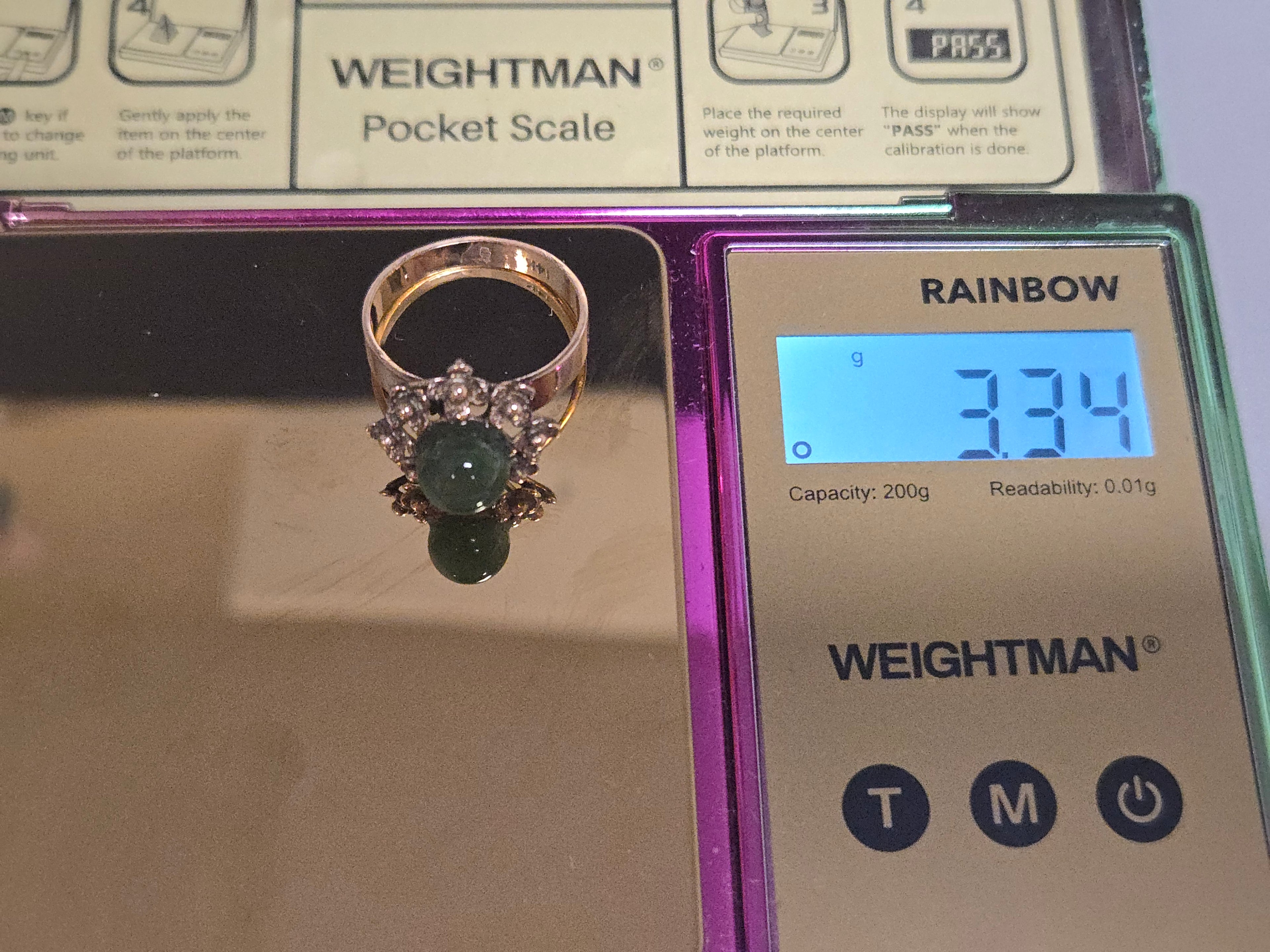 Solid 14K Yellow Gold Floral Cluster Ring with Green Jade Cabochon – Size 6