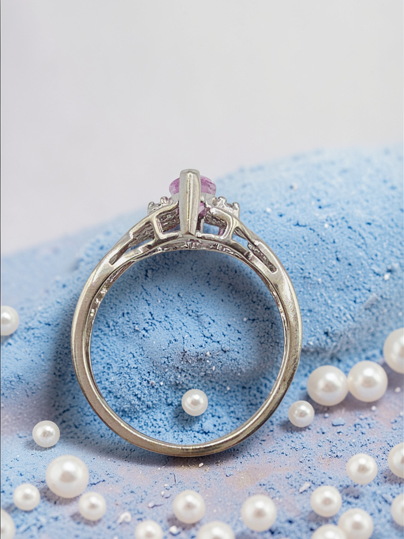 Solid 10K White Gold Ring with Marquise Cut Pink Sapphire - Size 5.75