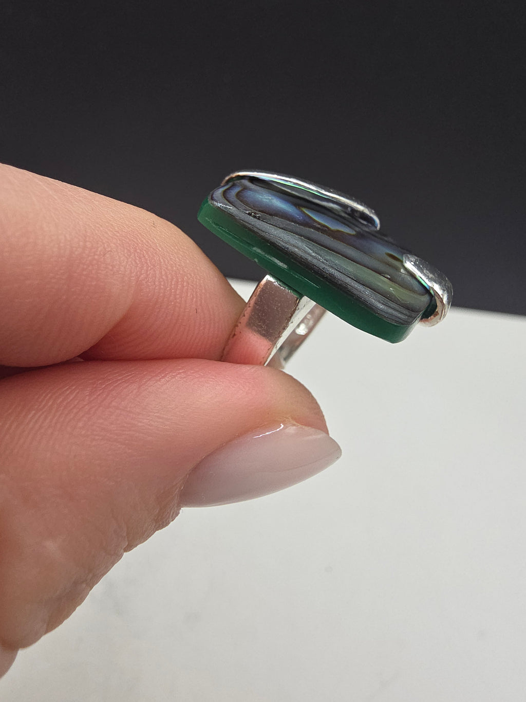 Sterling Silver 925 Abalone Paua Shell Rectangular Statement Ring Size 6